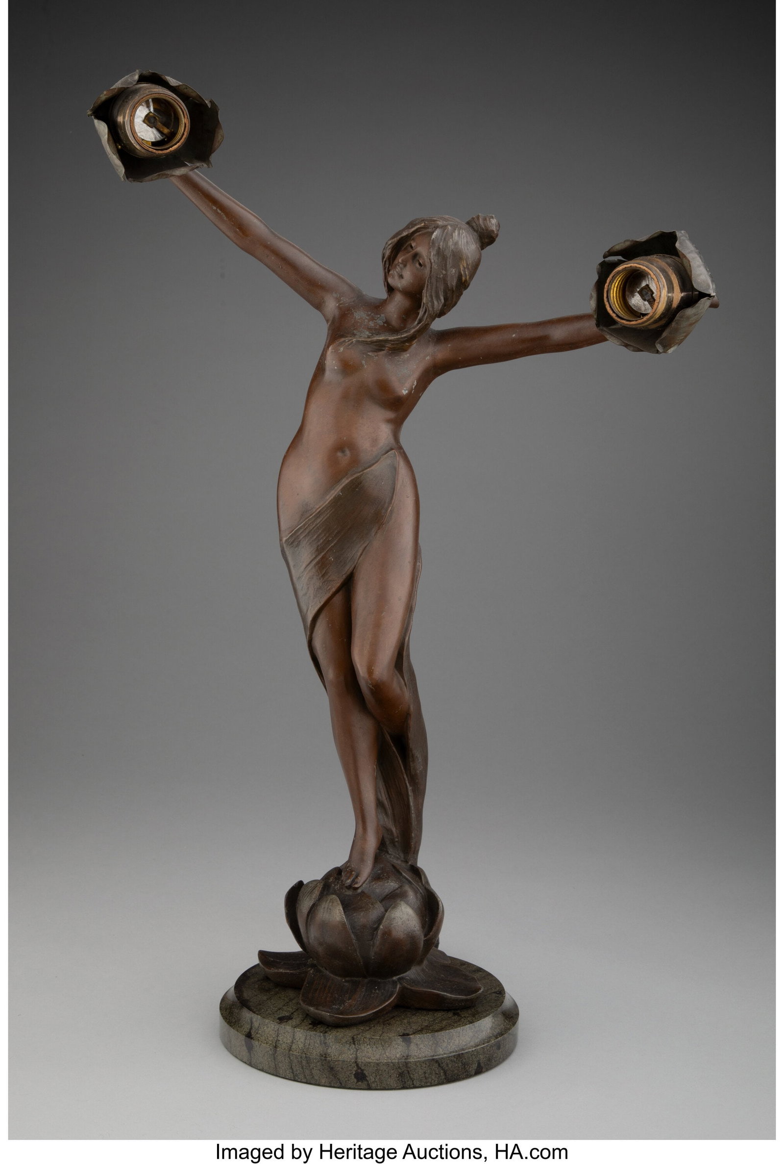 After Else Von Beck Figural Lamp, early 20th cen: After Else Von Beck Figural Lamp, early 20th century Germany Patinated metal 20-1/2 inches (52.1 cm) high on a 1-1/8 inches (2.9 cm) high marble base In