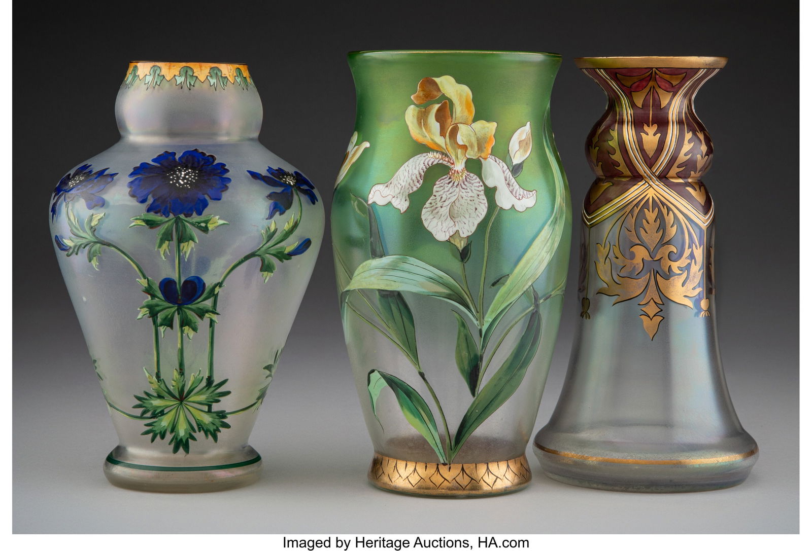 Fritz Heckert Three Vases, late 19th century Ge: Fritz Heckert Three Vases, late 19th century Germany Partial gilt and enameled glass 8 inches (20.3 cm) (tallest) Marks: F.H., (various&