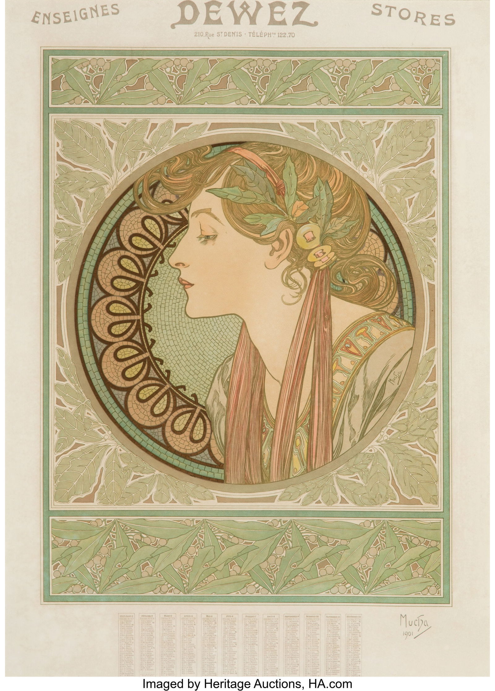 Alphonse Mucha Laurel, from Ivy and Laurel (Dew: Alphonse Mucha Laurel, from Ivy and Laurel (Dewez Varient), 1909 (originally conceived 1901) France Lithograph in colors on wove paper laid on linen 25-5/8 x 18-3&s