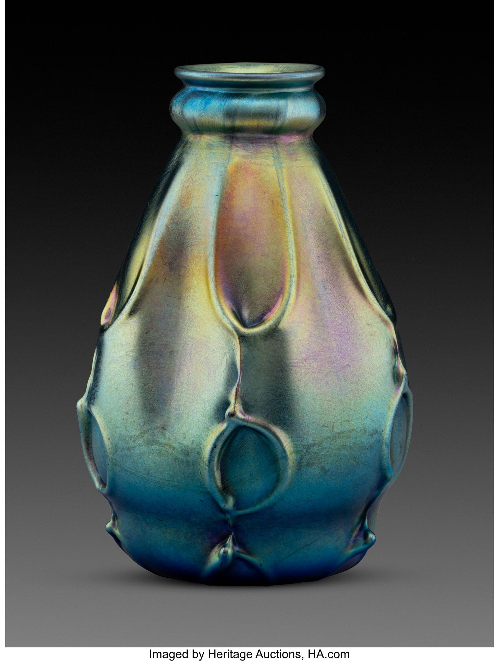 Tiffany Studios Vase, circa 1910 USA Favrile gl: Tiffany Studios Vase, circa 1910 USA Favrile glass 5-3/4 inches (14.6 cm) Marks: 9852D L.C. Tiffany-Favrile 1658 Property from A.C. Morgan