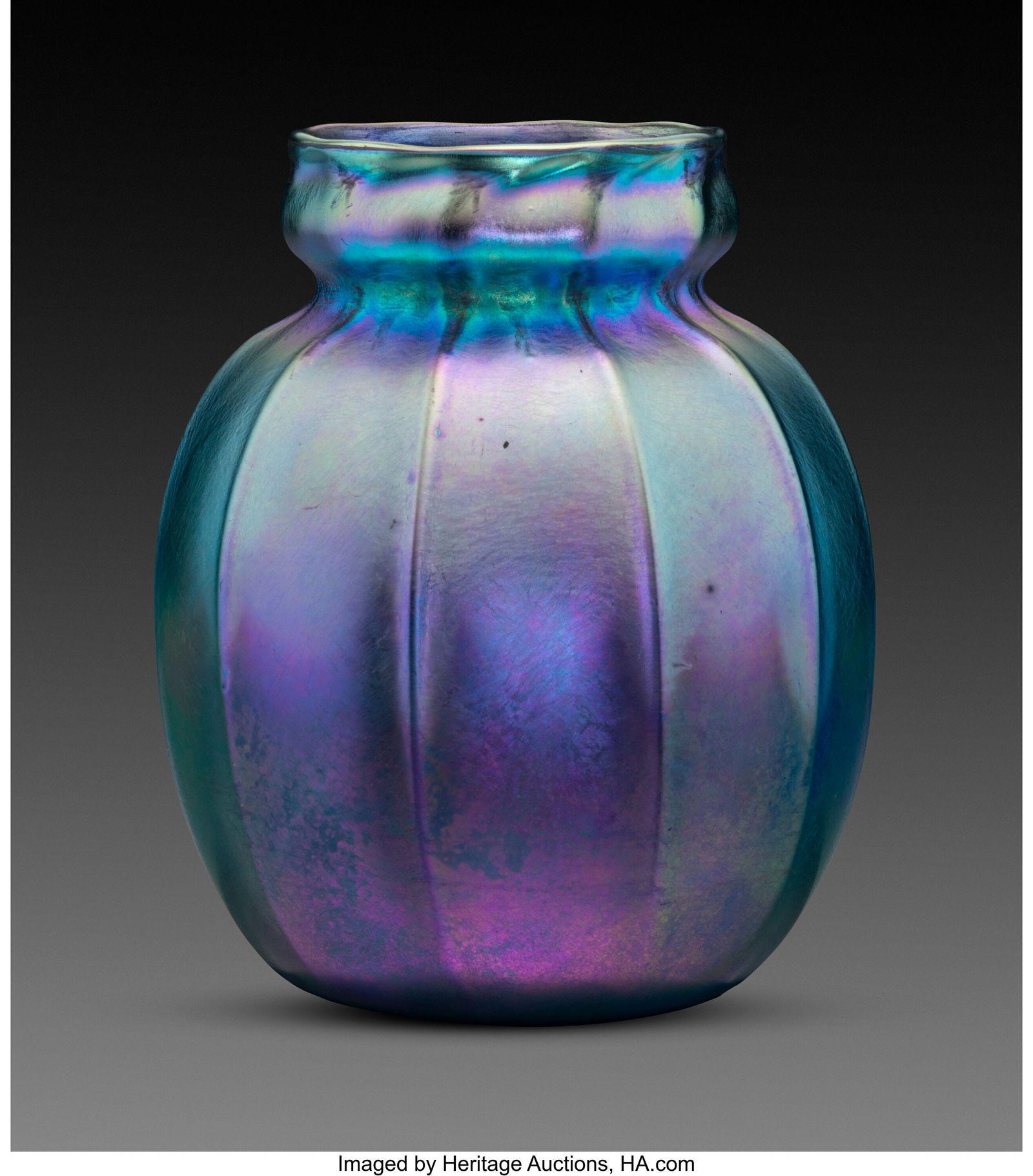 Tiffany Studios Vase, circa 1910 USA Favrile gla: Tiffany Studios Vase, circa 1910 USA Favrile glass 4-1/2 x 3-1/2 inches (11.4 x 8.9 cm) Marks: L.C.T. U788 Property from A.C&per