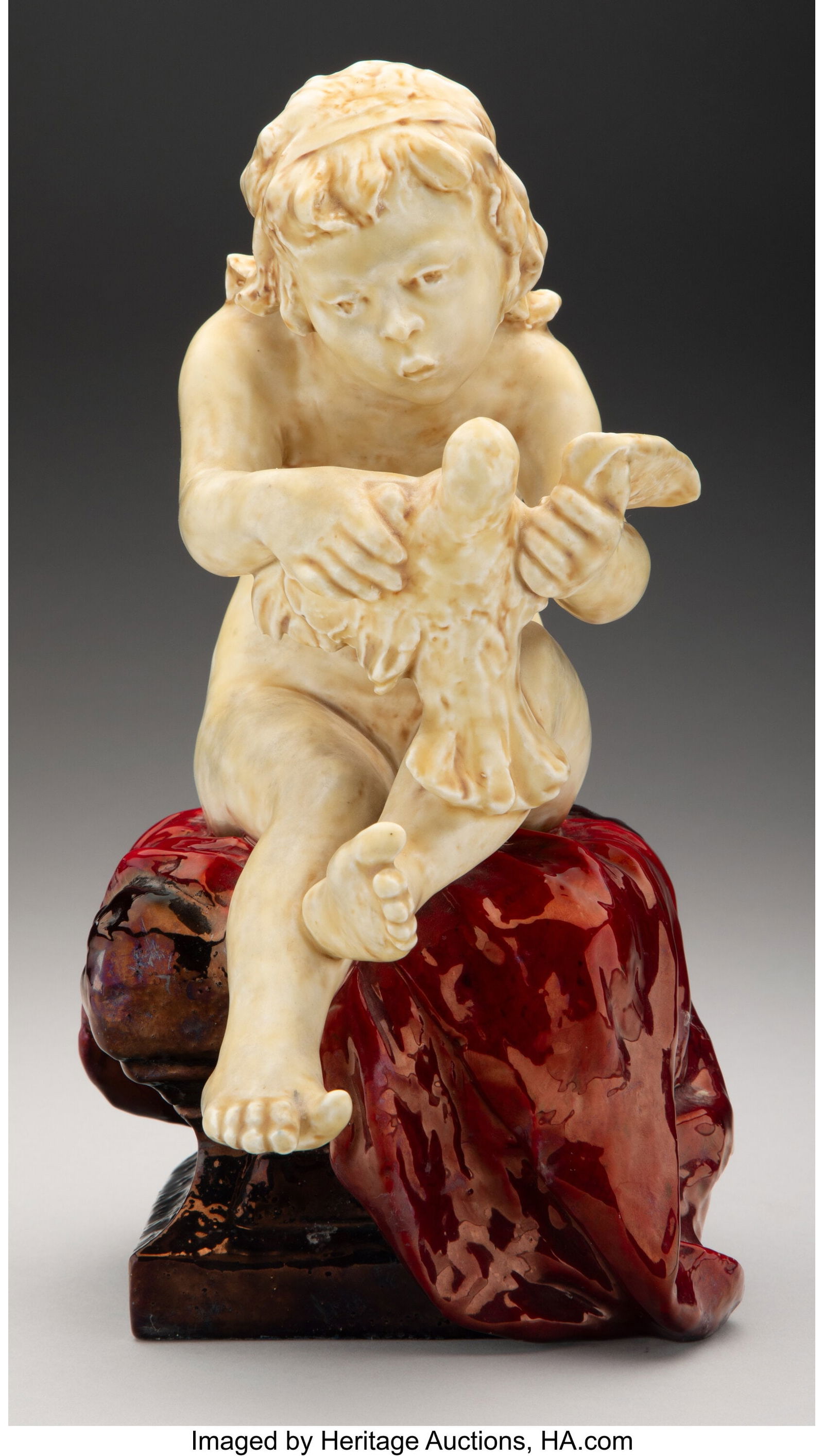Zsolnay Boy with Pigeon Figurine, circa 1910 Hu: Zsolnay Boy with Pigeon Figurine, circa 1910 Hungary Eosin-glazed earthenware 11 inches (27.9 cm) Marks: 8281, (five churches seal), 1, 36 HID0