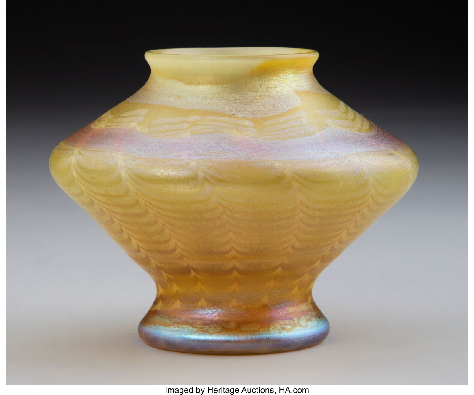 Tiffany Studios Cabinet Vase, circa 1910 USA De: Tiffany Studios Cabinet Vase, circa 1910 USA Decorated Favrile glass 2-3/4 x 3-1/2 inches (7.0 x 8.9 cm) Marks: L.C.T. o9001 Property f