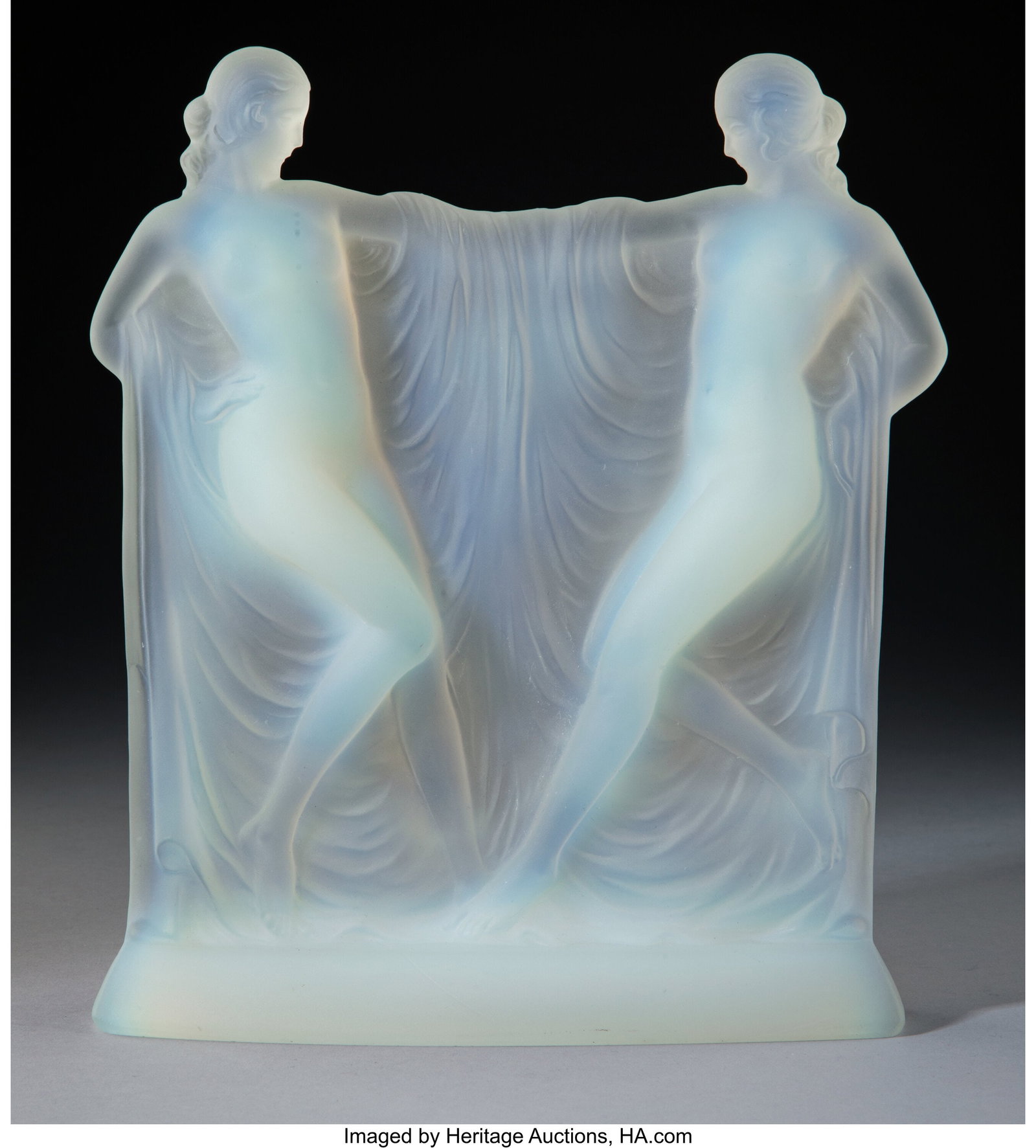 Sabino Art Glass Double Suzannes Statuette, circ: Sabino Art Glass Double Suzannes Statuette, circa 1930 France Opalescent glass 8-3/4 x 7 x 2 inches (22.2 x 17.8 x 5.1 cm) Property from A.C. Mor