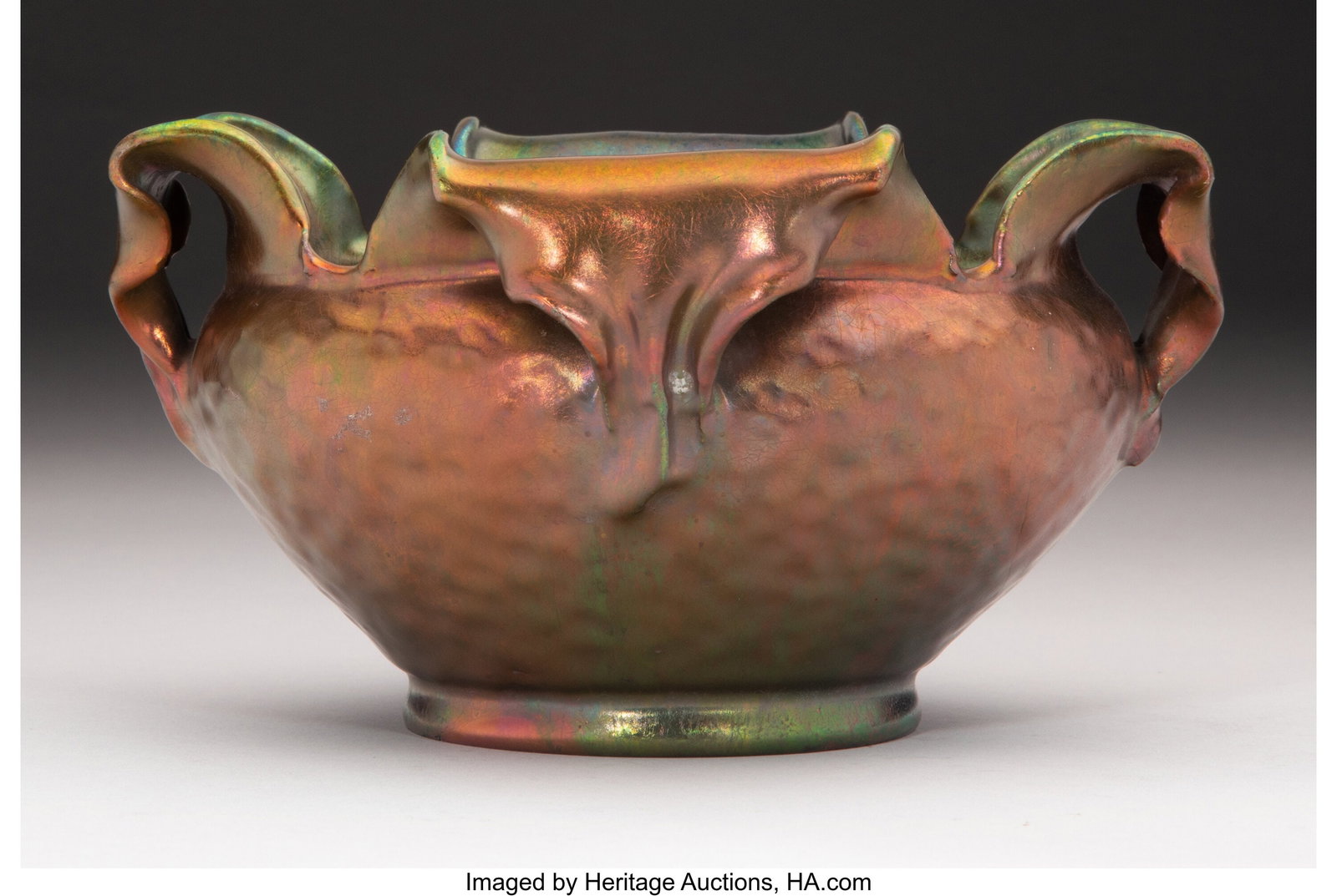 Jean Baptiste Gaziello Cachepot, circa 1920 Fra: Jean Baptiste Gaziello Cachepot, circa 1920 France Iridescent glazed ceramic 4-1/4 x 7-3/4 x 6-1/4 inches (10.8 x 19.7 x 15.9 cm) Marks: J&period