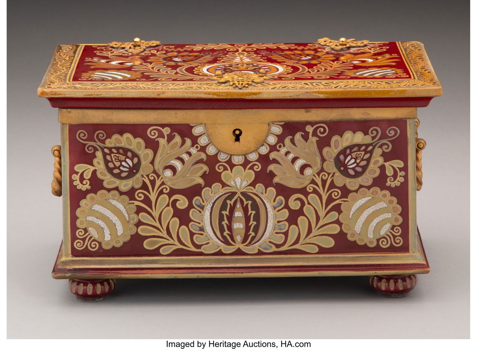 Zsolnay Pomegranates Jewelry Box, late 19th cen: Zsolnay Pomegranates Jewelry Box, late 19th century Hungary Eosin-glazed earthenware, gilt metal 4-5/8 x 8 x 4-3/4 inches (11.7 x 20.3 x 12.1 cm) Mar