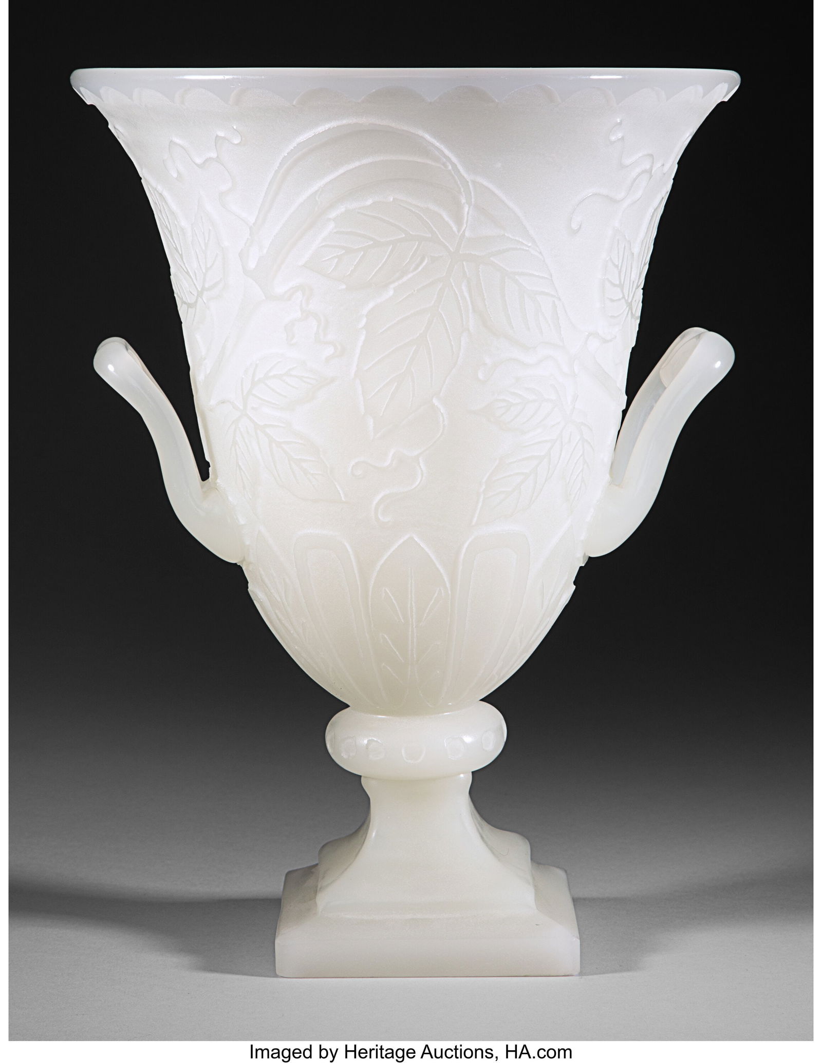 Steuben Glass Works Etruscan Vase, circa 1920 US: Steuben Glass Works Etruscan Vase, circa 1920 USA Acid-etched alabaster glass 12-3/4 inches (32.4 cm) Property from the Nelkin Collection HID03101062020 © 2024 Heritage