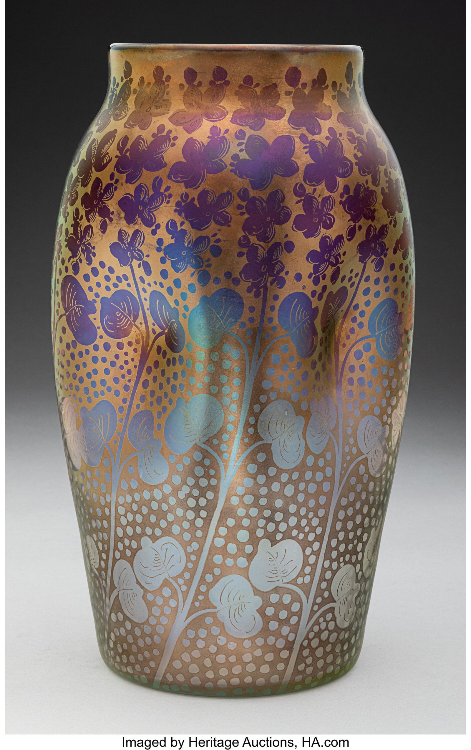 Loetz Vulkan Vase, DEK I/291, circa 1902 Etchi: Loetz Vulkan Vase, DEK I/291, circa 1902 Etching ink decoration on iridescent glass 9-5/8 inches (24.4 cm) Marks: I/291 Property from A.C.