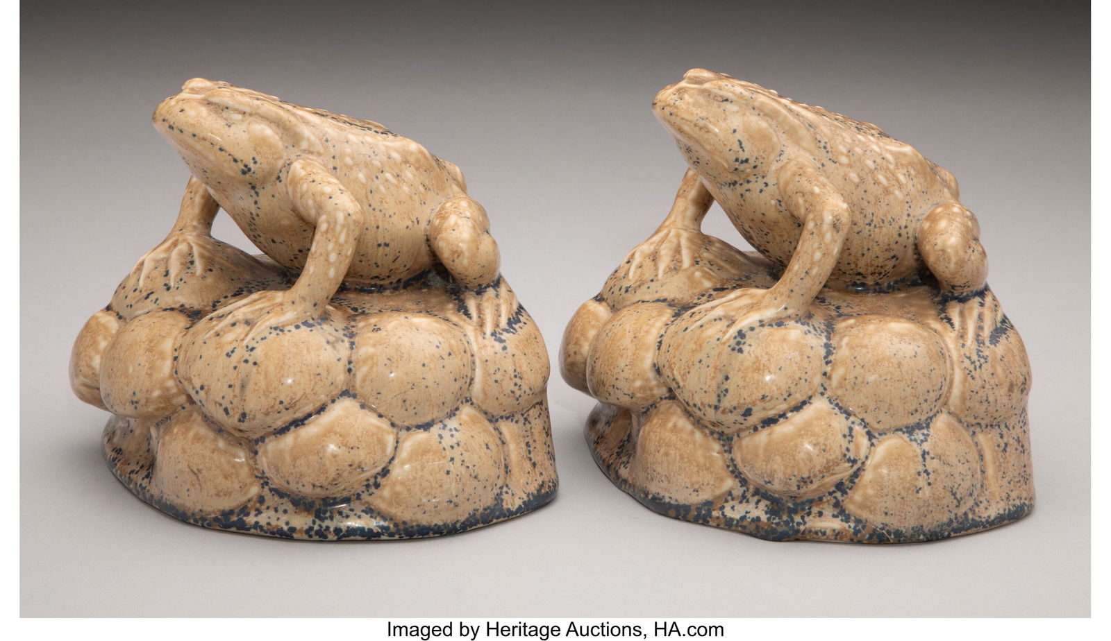 Rookwood Pottery Pair of Frogs on Mushrooms Book: Rookwood Pottery Pair of Frogs on Mushrooms Bookends, 1925 USA Glazed earthenware 4-1/2 x 5-3/4 inches (11.4 x 14.6 cm) (each) Marks: (Rookwo