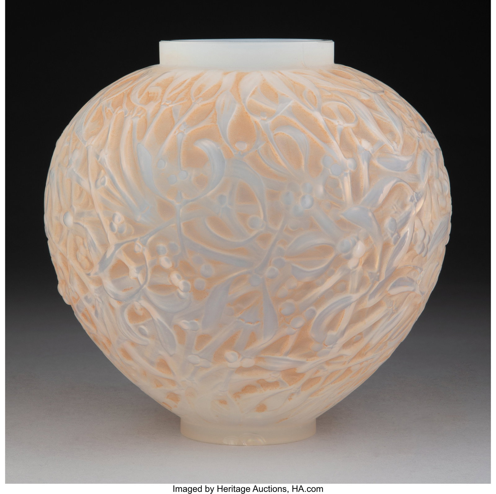 René Lalique Gui Vase, circa 1920 France Opale: René Lalique Gui Vase, circa 1920 France Opalescent glass with sepia patina 6-3/4 inches (17 cm), M.p. 427, no. 948. Marks: R&p