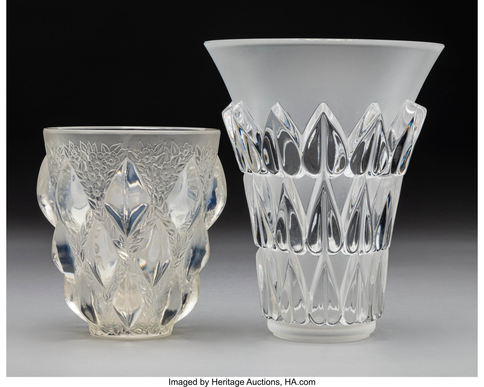 René Lalique, Lalique Two Vases, circa 1927 Fra: René Lalique, Lalique Two Vases, circa 1927 France Glass 7-1/8 inches (18.2 cm) (tallest, Feuilles vase), M.p. 437, no