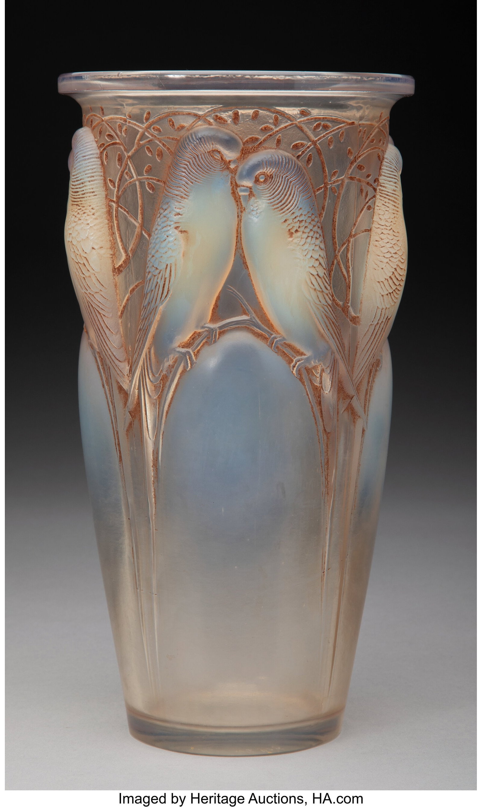 René Lalique Ceylan Vase, circa 1924 France Op: René Lalique Ceylan Vase, circa 1924 France Opalescent glass with sepia patina 9-7/8 inches (25 cm), M.p. 418, no. 905. Marks: 