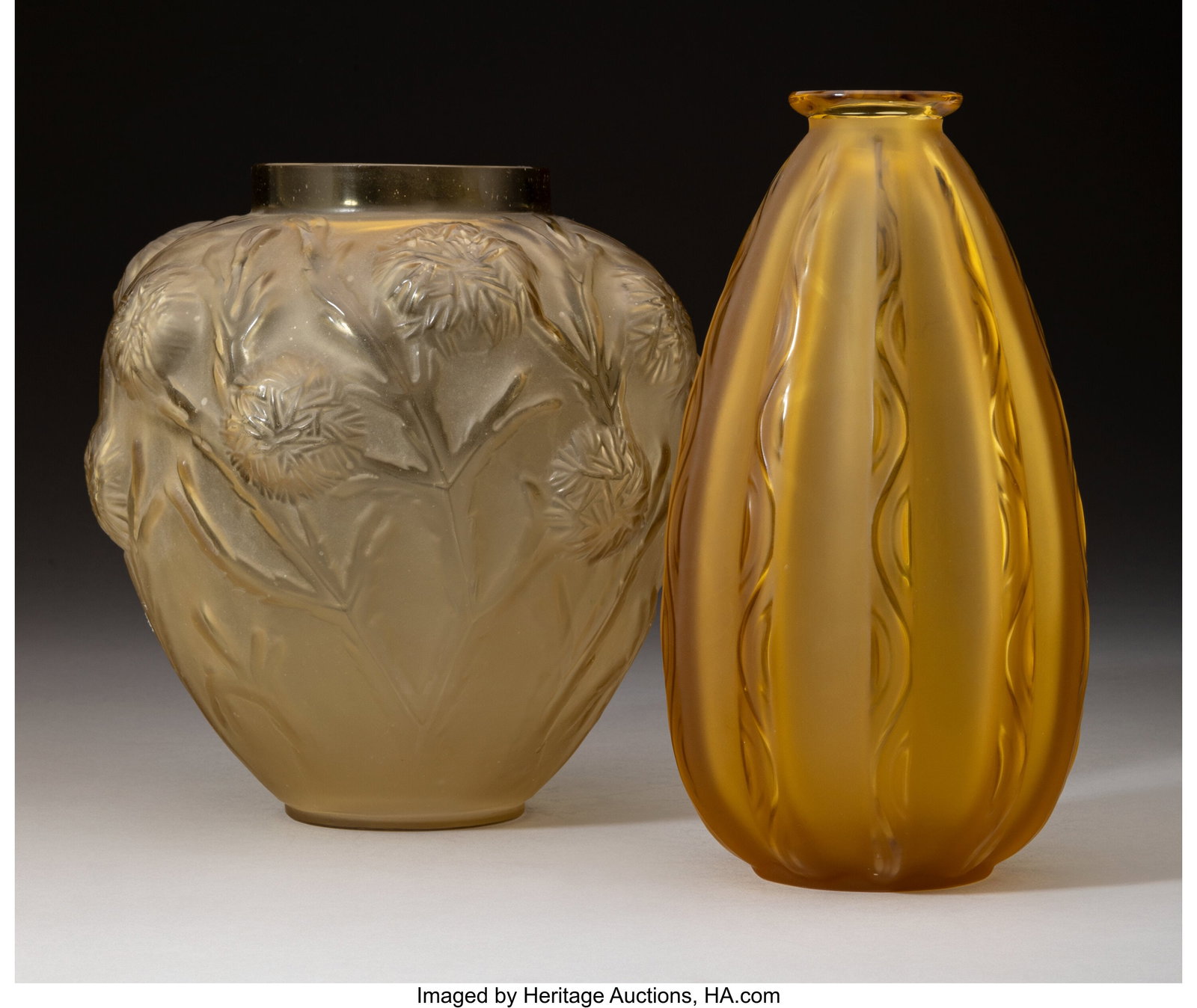 Sabino Art Glass Two Vases, circa 1930 France G: Sabino Art Glass Two Vases, circa 1930 France Glass 8-1/4 inches (21.0 cm) (tallest) Marks: Sabino France Lot comprising: Amber glass Ondulations vase&