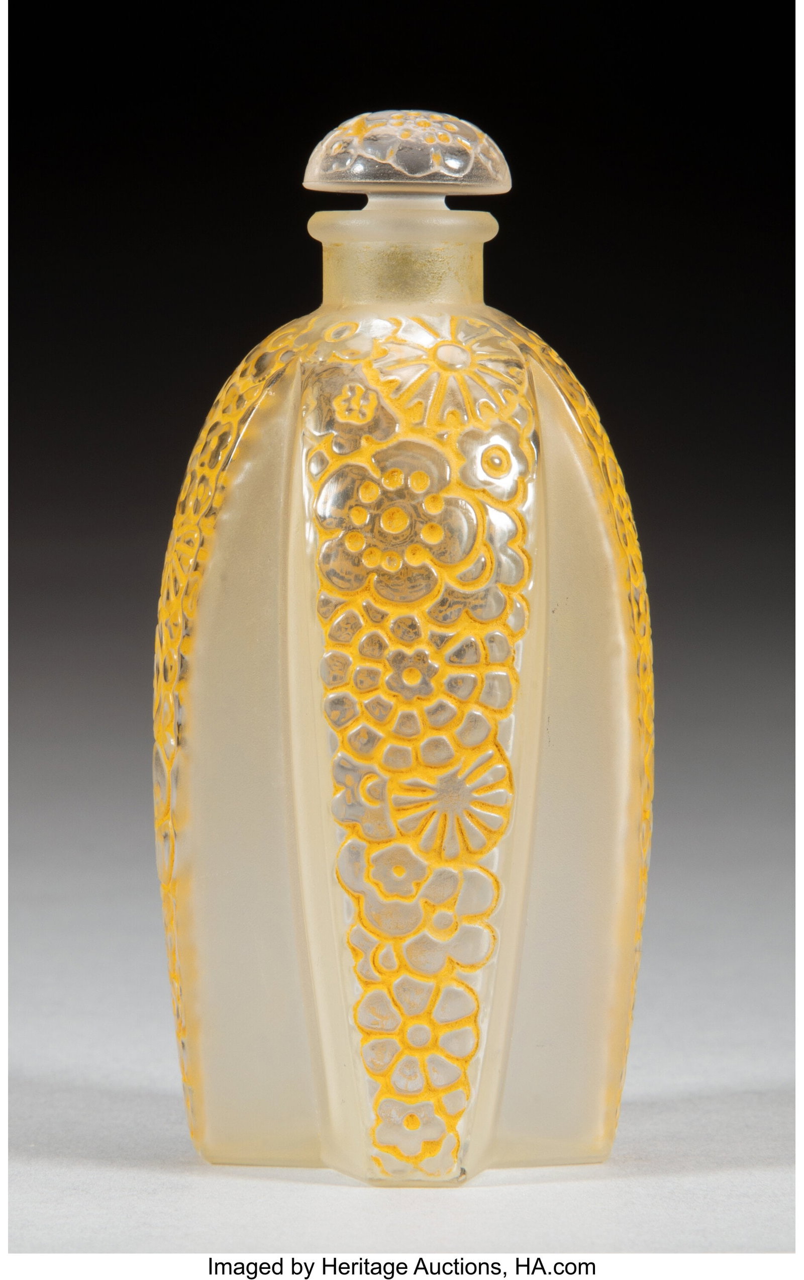 René Lalique for Gabilla Toutes Les Fleurs (La : René Lalique for Gabilla Toutes Les Fleurs (La Mimosa) Perfume Bottle, circa 1925 France Clear and frosted glass with yellow patina 3-3/4 inches (9.5 cm)&co