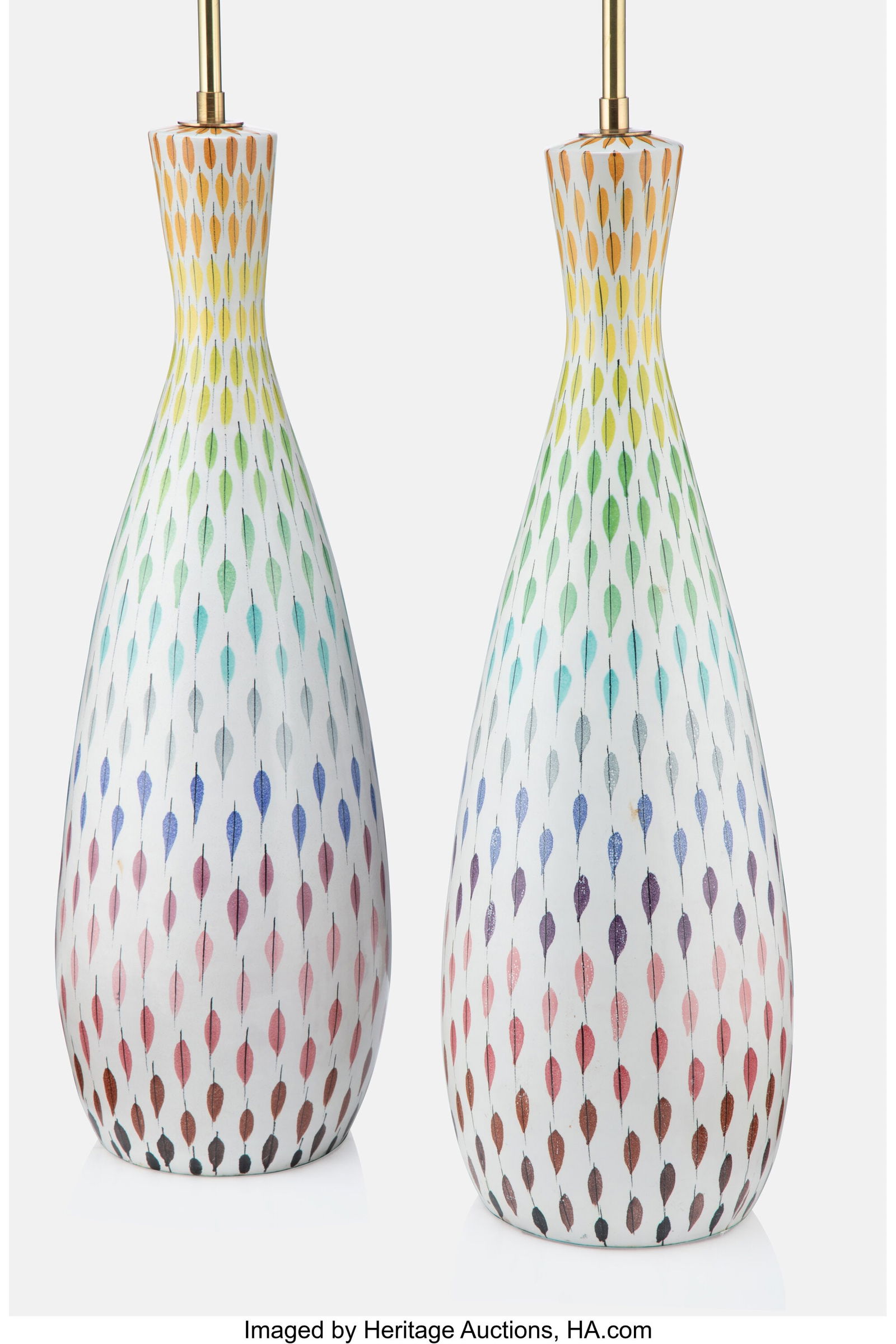 Aldo Londi Pair of Table Lamps, 1960s Bitossi,: Aldo Londi Pair of Table Lamps, 1960s Bitossi, Italy, distributed by Raymor Glazed ceramic, brass 35-1/2 x 7-1/2 inches (90.2 x 19.1 cm) (e