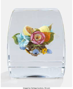 67158: Paul Stankard Botanical Paperweight with Gourd,: Paul Stankard Botanical Paperweight with Gourd, 2000 USA Lampworked glass, polished clear glass 3-1/8 x 2-3/4 x 2-3/4 inches (7.9 x 7.0 x 7.0 cm)