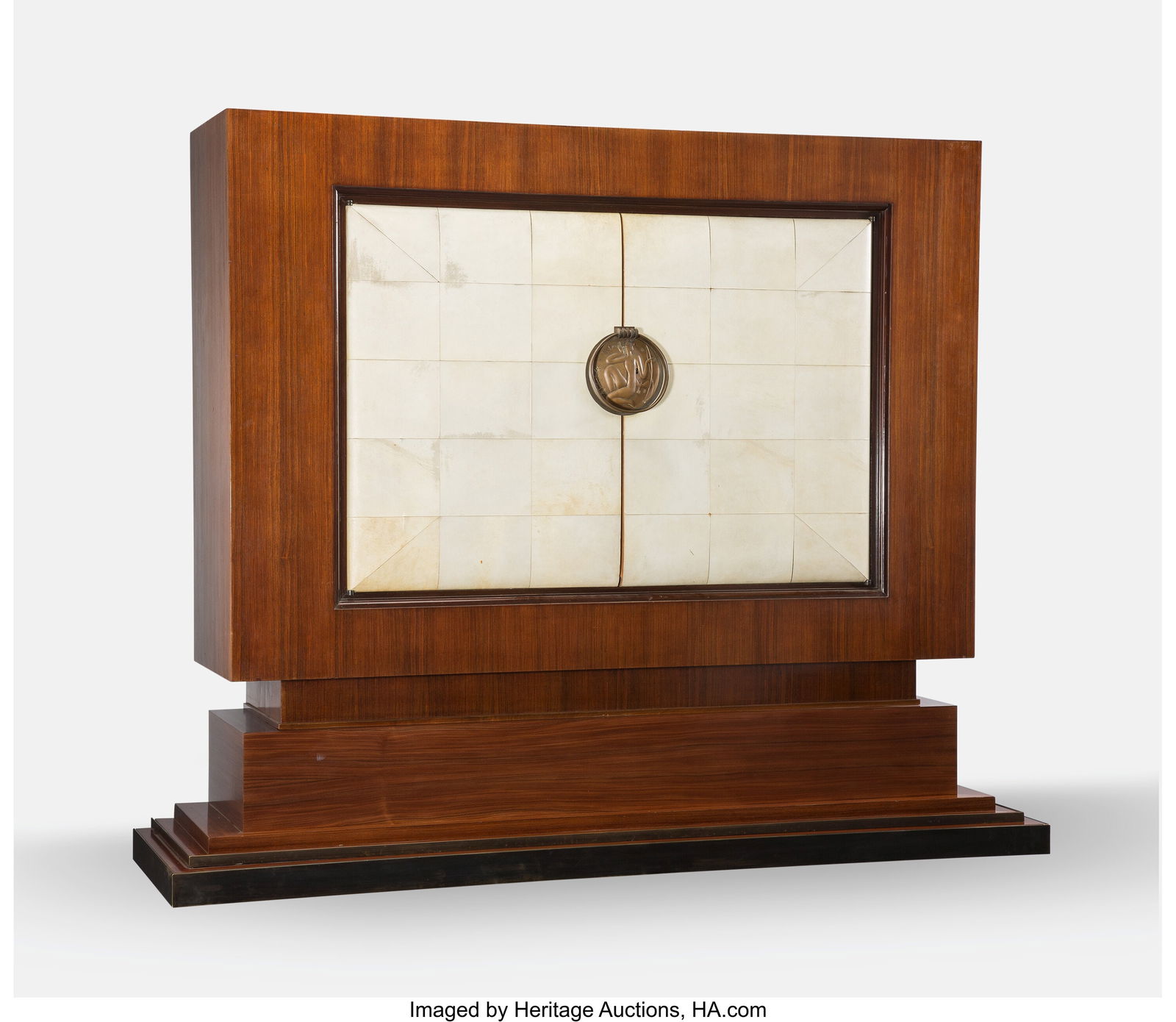 Jean Pascaud Cabinet, 1938 France Mahogany vene: Jean Pascaud Cabinet, 1938 France Mahogany veneer, parchment, bronze 70-1/4 x 86 x 23-3/4 inches (178.4 x 218.4 x 60.3 cm) Signed to reverse&co