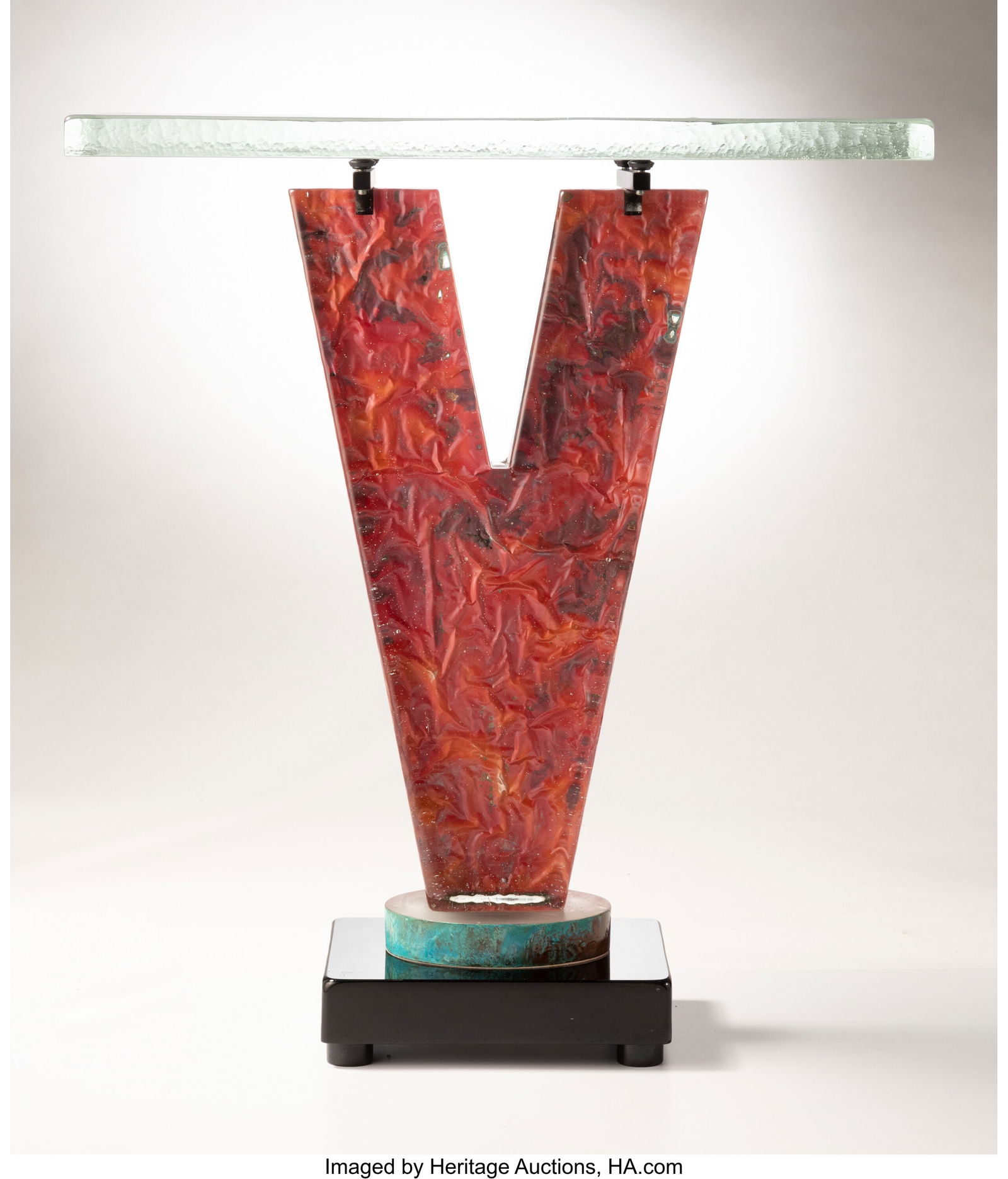 John Lewis V Table USA Cast glass, copper patin: John Lewis V Table USA Cast glass, copper patina 39-7/8 x 35-1/2 x 12 inches (101.3 x 90.2 x 30.5 cm) Etched to base: Lewis, '01-02 PROVENANCE&