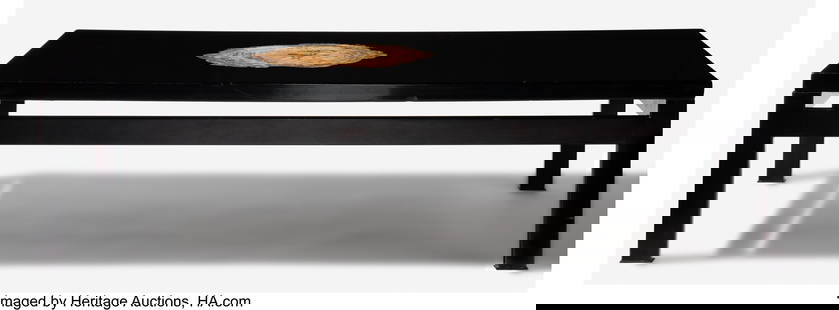 Ado Chale Cocktail Table, circa 1965 Belgium Res: Ado Chale Cocktail Table, circa 1965 Belgium Resin, steel, and petrified wood 18-1/8 x 51 x 24 inches (46.0 x 129.5 x 61.0 cm) Property from an Imp