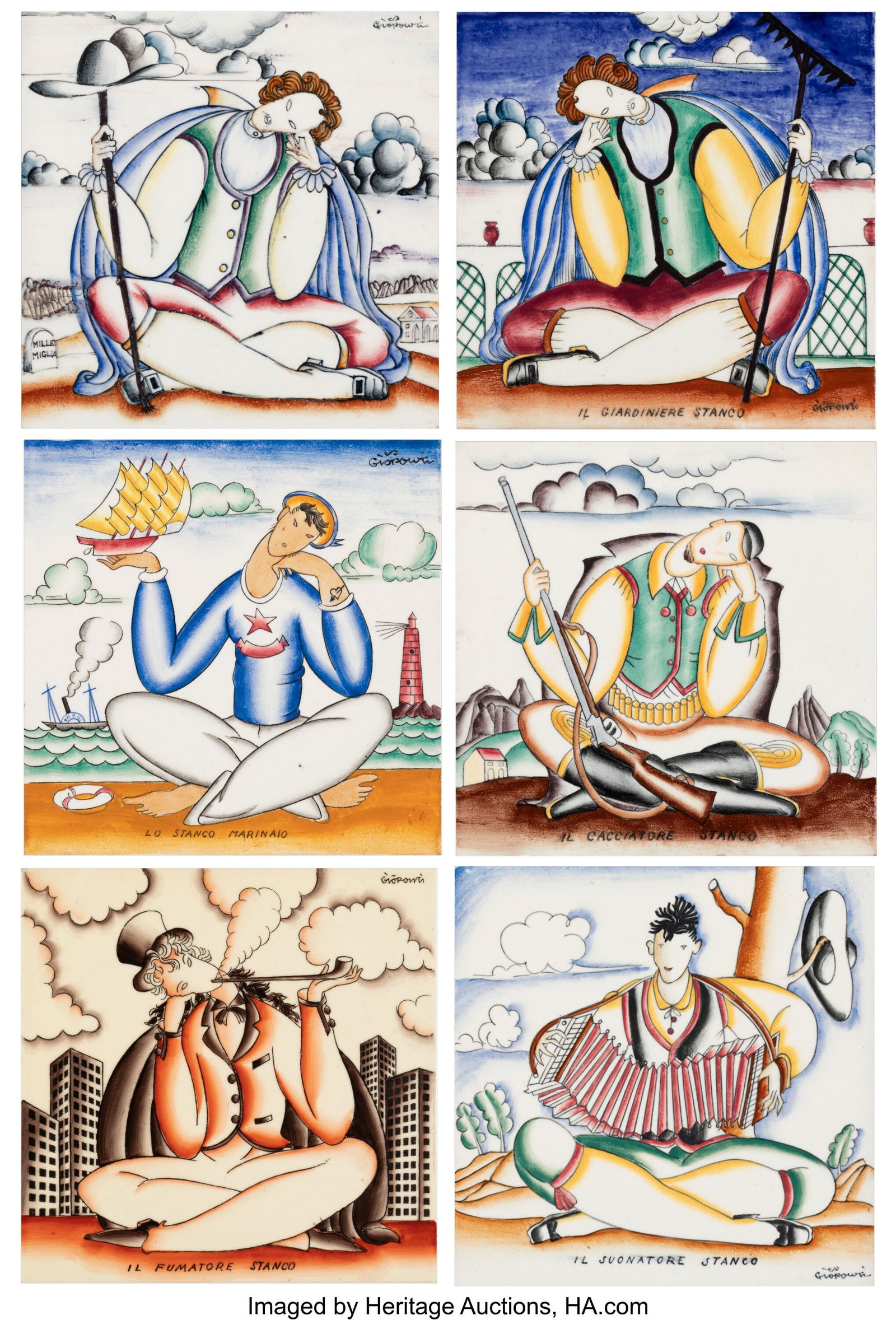 Gio Ponti Set of Six Hand-Decorated Tiles, circa (1 of 9)