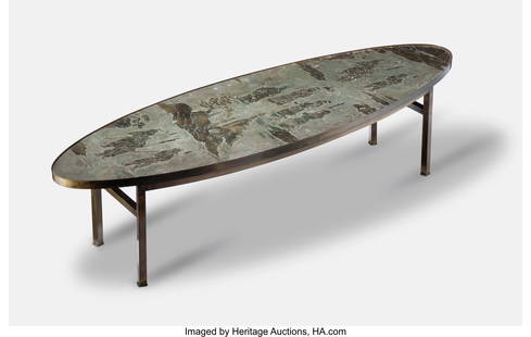 67084: Philip and Kelvin LaVerne Ming Coffee Table, cir: Philip and Kelvin LaVerne Ming Coffee Table, circa 1965 USA Engraved, patinated bronze and pewter with hand-painted enamels 17 x 66 x 21 inches (43.2 x 167.6 x 53&period