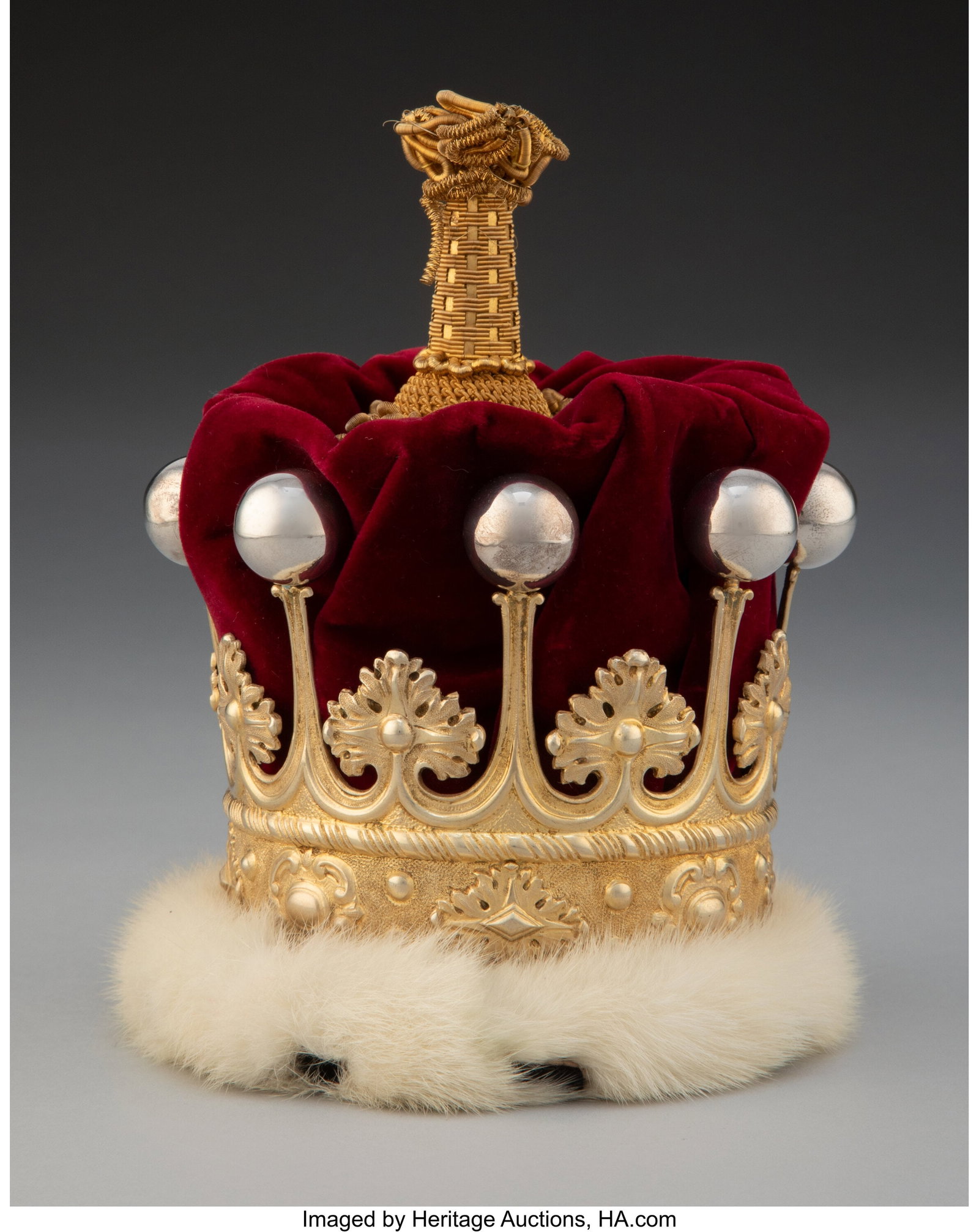 A Garrard & Co. Ltd. Silver, Red Velvet, and Erm: A Garrard & Co. Ltd. Silver, Red Velvet, and Ermine Coronet for Countess Poulett in an Original Case, London, 1910 Marks to coronet: (lion passant&