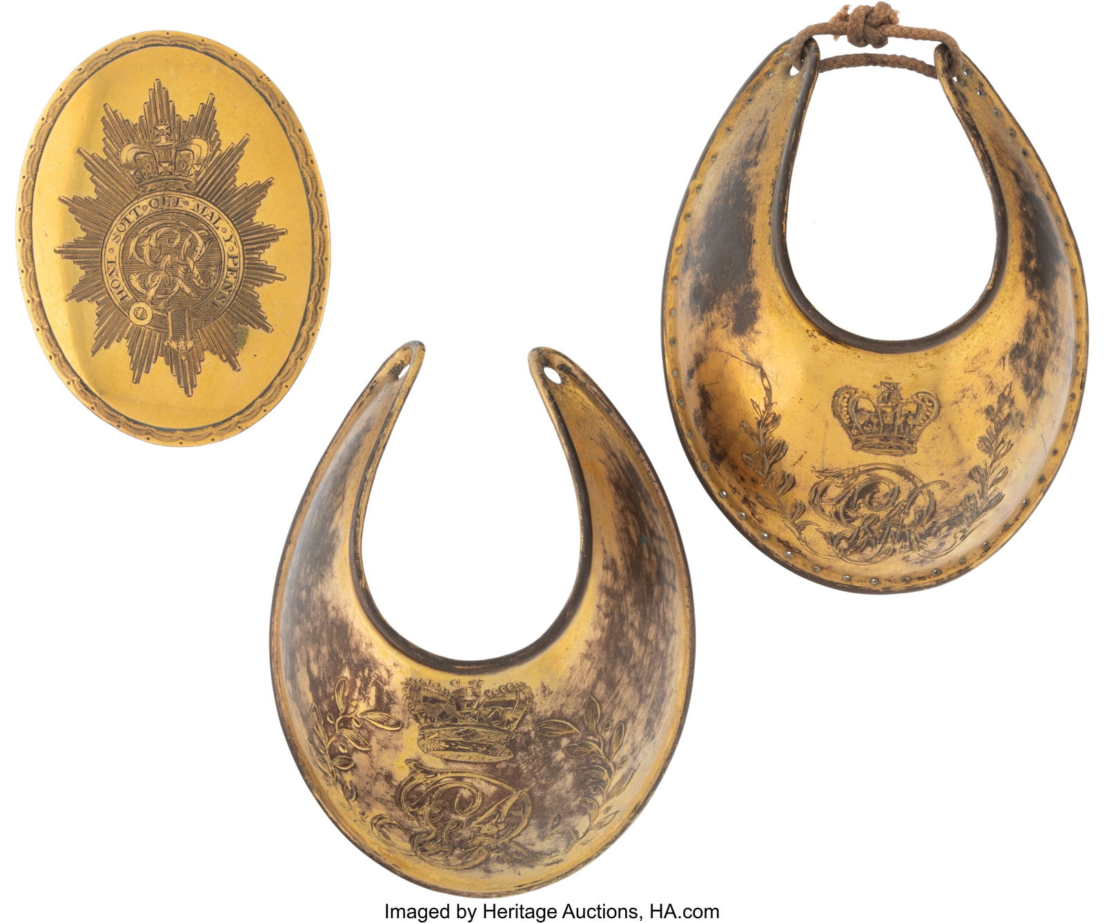 A Collection of Two British Army Officers' Gilt: A Collection of Two British Army Officers' Gilt Gorgets and Belt Plate, King George III, 18th century 4-1/2 x 3-1/2 inches (11.4 x 8.9 cm) (largest, Gorget) The lot comprising: 2 Georgian officer's go