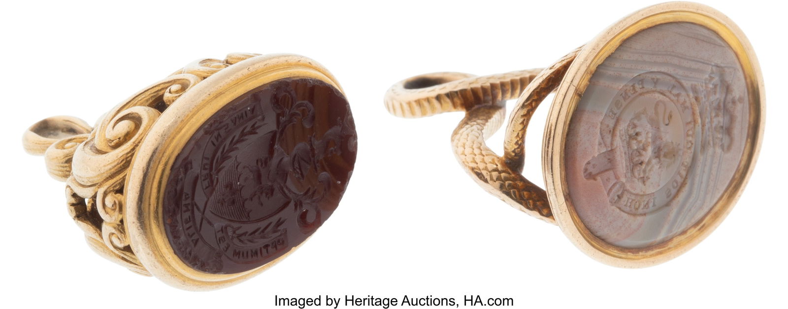 Two Hardstone-Inset Intaglio 14K Gold Fobs 1-1/8 (1 of 2)