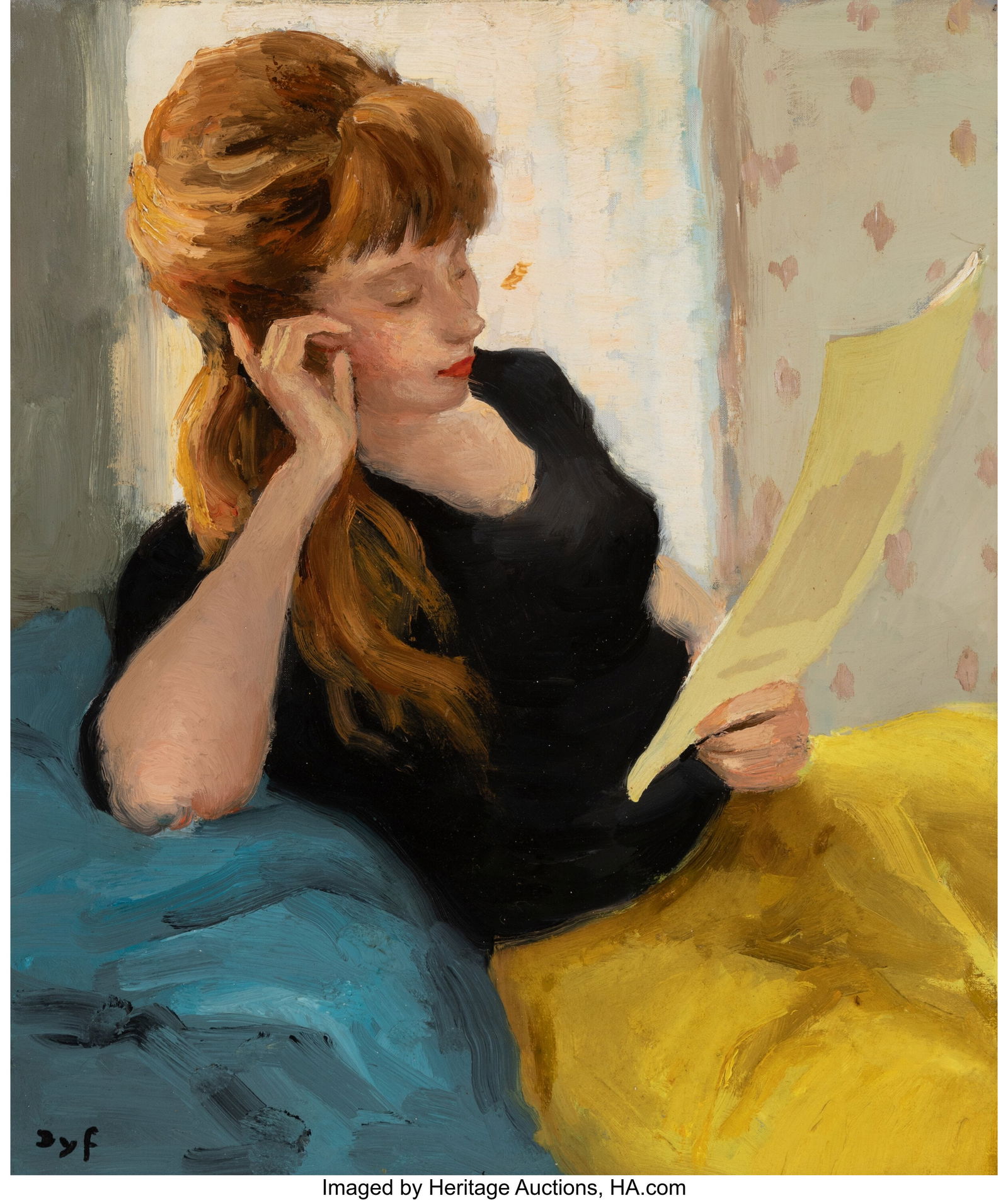 Marcel Dyf (French, 1899-1985) Claudine à la le: Marcel Dyf (French, 1899-1985) Claudine à la lecture Oil on canvas 22 x 18-1/4 inches (55.9 x 46.4 cm) Signed lower left: Dyf PROVENANCE: