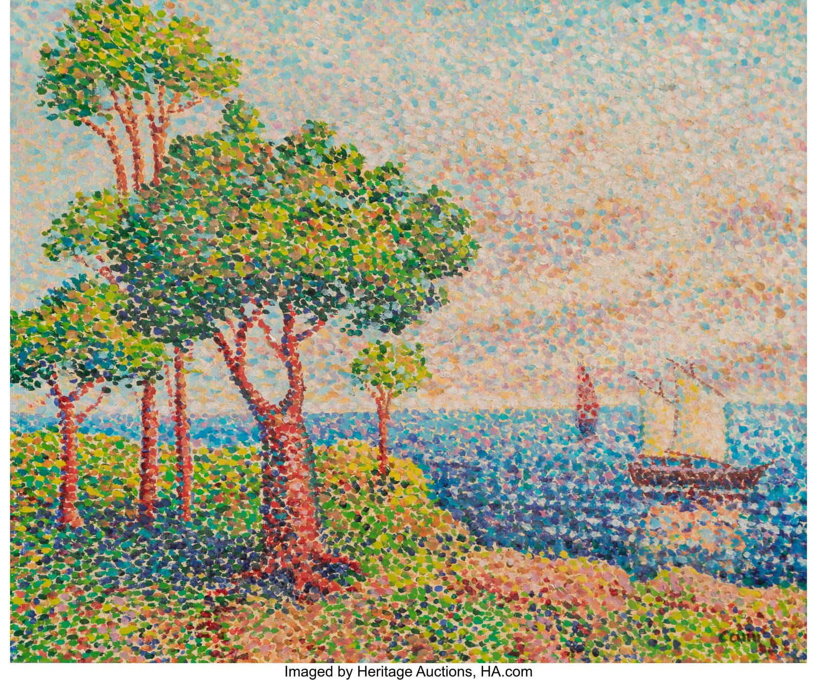 Yvonne Canu (French, 1921-2007) Environs de St T: Yvonne Canu (French, 1921-2007) Environs de St Tropez Oil on canvas 15 x 18-1/4 inches (38.1 x 46.4 cm) Signed lower right: Canu Signed, titled&