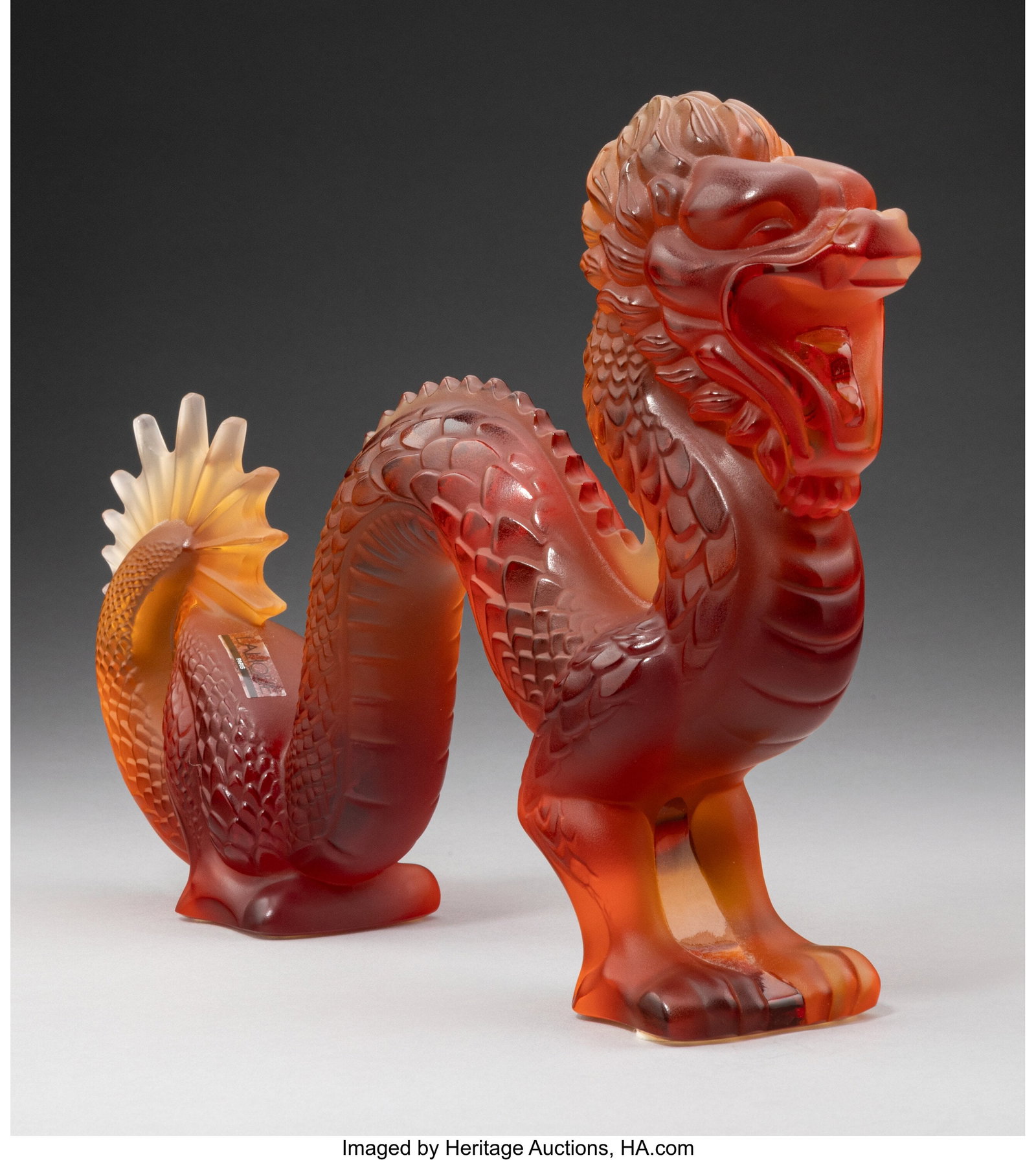 Lalique Dragon Figure, post-1945 France Amber g: Lalique Dragon Figure, post-1945 France Amber glass 7-1/2 x 11-7/8 inches (19.1 x 30.2 cm) Marks: Lalique France Property from a Private Collection, N