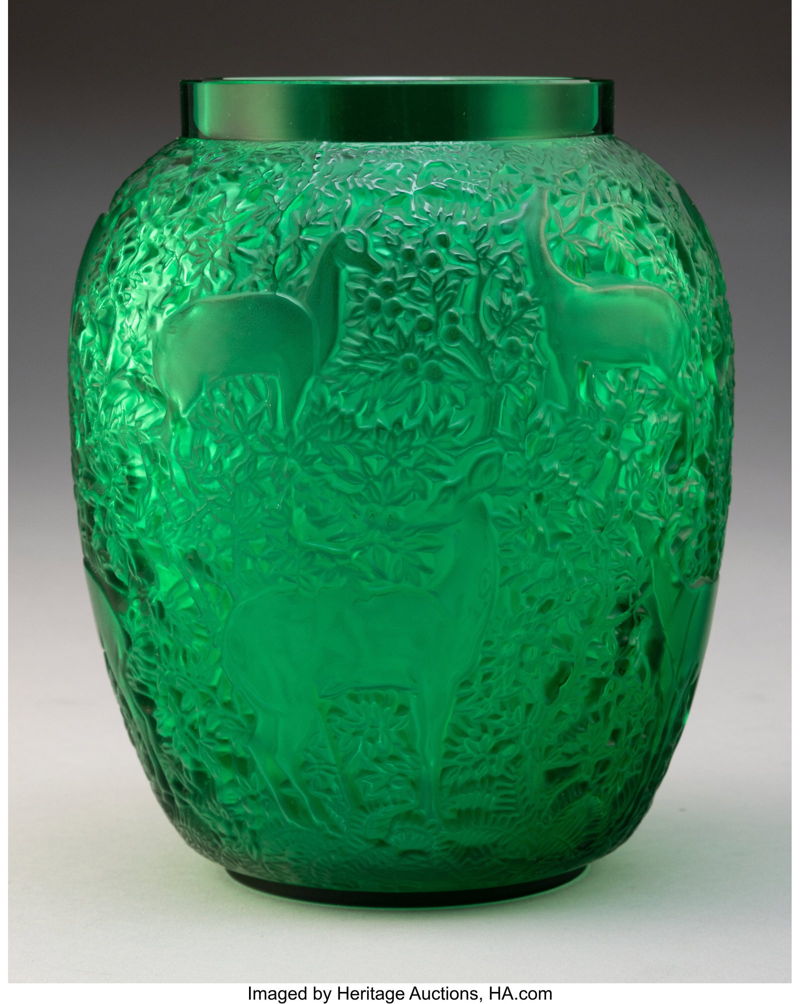 Lalique Biches Vase, post-1945 France Green glas: Lalique Biches Vase, post-1945 France Green glass 6-3/4 x 5 inches (17.1 x 12.7 cm) Marks: Lalique, France Property from A.C. Morgan Collect
