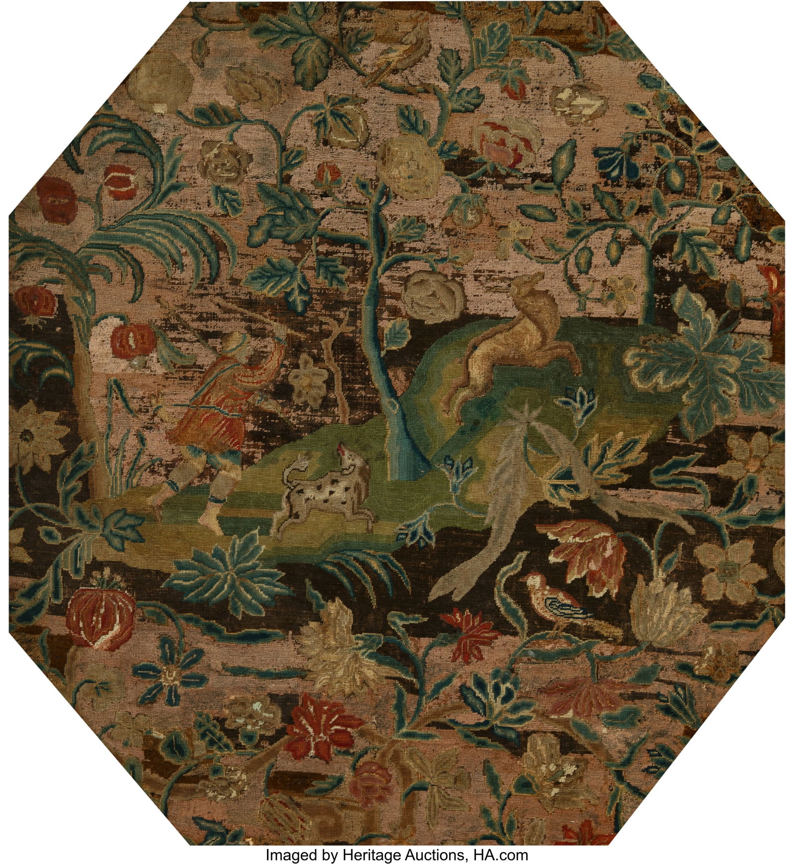 A British Needlework Pictorial Panel: Stag Hunt, (1 of 2)