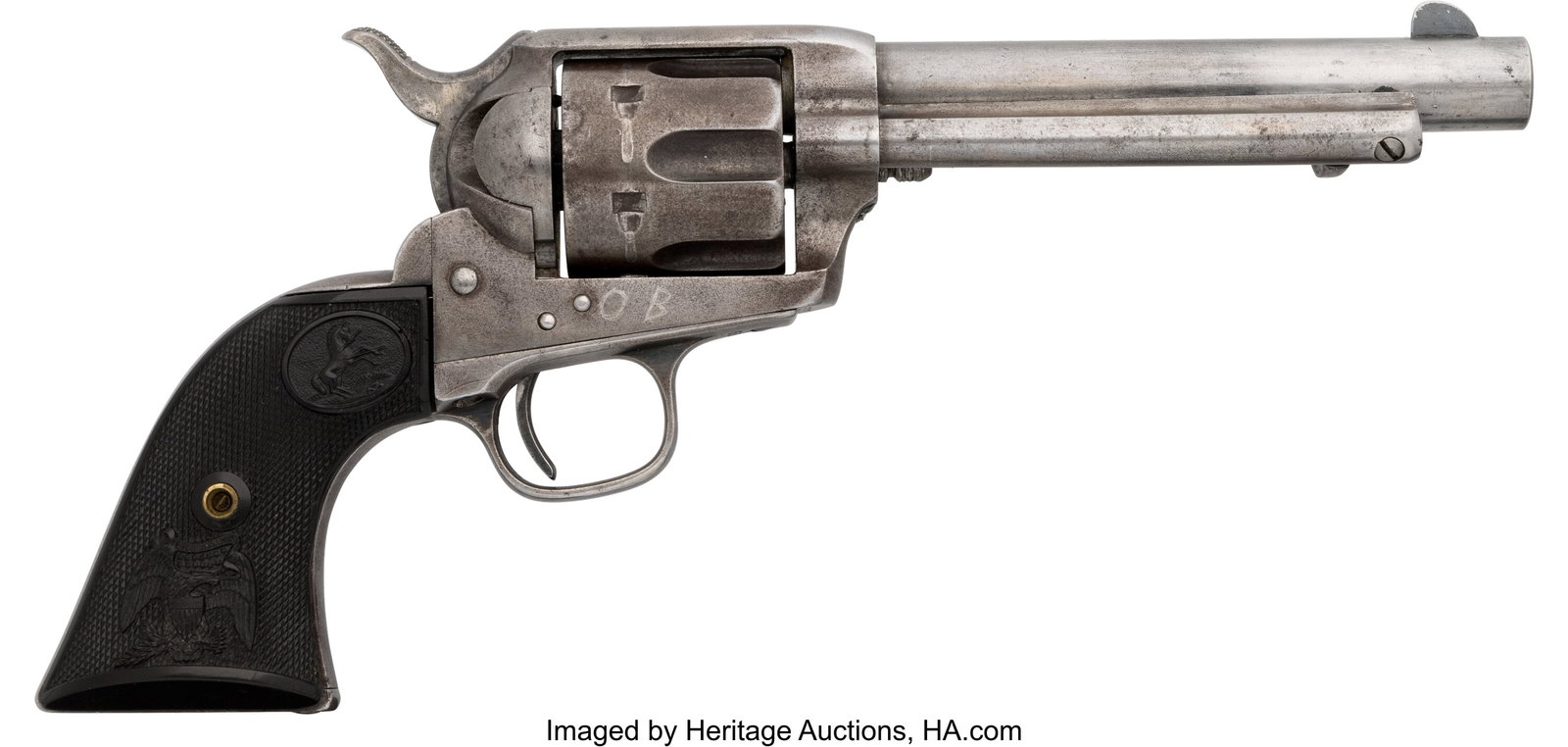 Colt Single Action Army Revolver. Serial no. 6: Colt Single Action Army Revolver. Serial no. 66853 [frame, triggerguard and butt], .45 caliber, 5 1/2-inch barrel with fixed front blade sight an