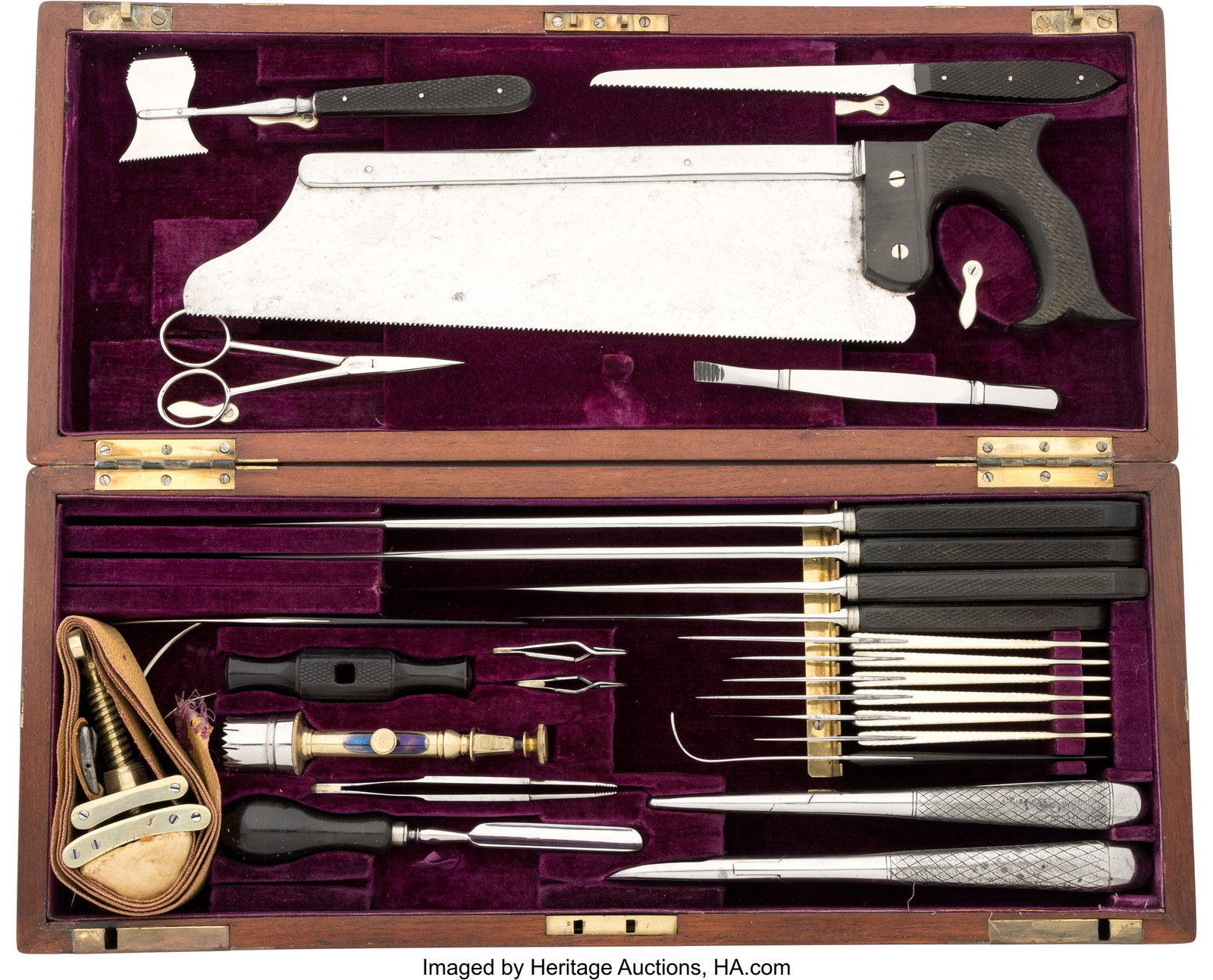 19th Century General Surgical and Amputation Set: 19th Century General Surgical and Amputation Set by Hutchinson. An impressive and possibly almost complete set of surgical and amputation instruments. Set comprises of tools such as&semi