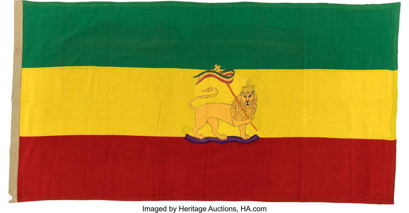 Large Imperial Ethiopian Flag, Circa 1954, With : Large Imperial Ethiopian Flag, Circa 1954, With Presentation Letter to Noted Flag Collector Dr. Clarence Rungee. Cotton, multipiece construction with beautifully embroi