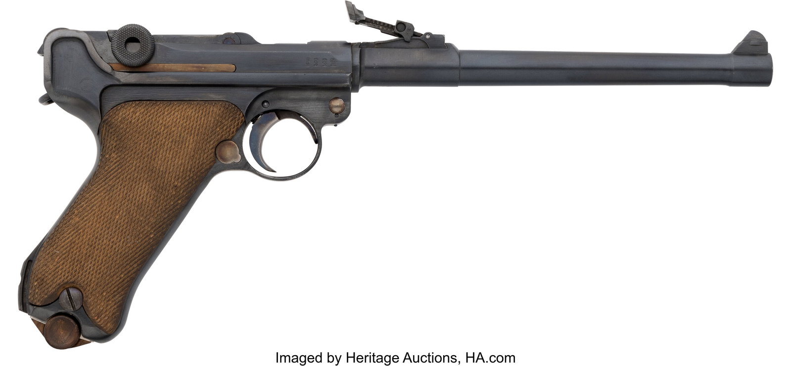 German DWM 1917 Dated Artillery Luger Semi-Autom: German DWM 1917 Dated Artillery Luger Semi-Automatic Pistol. Serial no. 18 [all matching], 9x19mm caliber, 8-inch barrel with fixed dovetail front sight and adjus