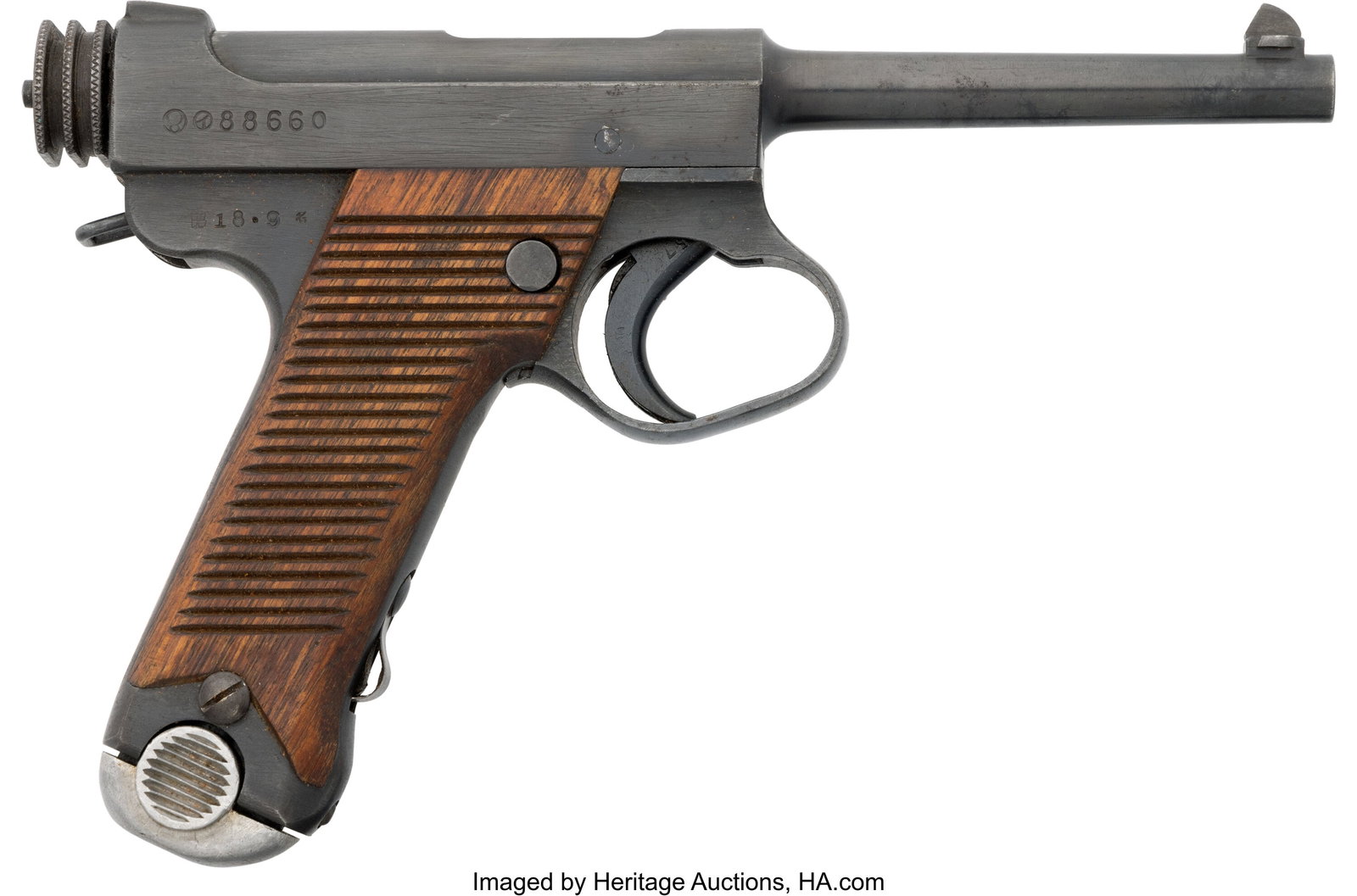 Japanese Nambu Type 14 Semi-Automatic Pistol wit: Japanese Nambu Type 14 Semi-Automatic Pistol with Holster. Serial no. 88660, 8mm Nambu caliber, 4 1/2-inch barrel with fixed front and rear sights. Blued finish&pe