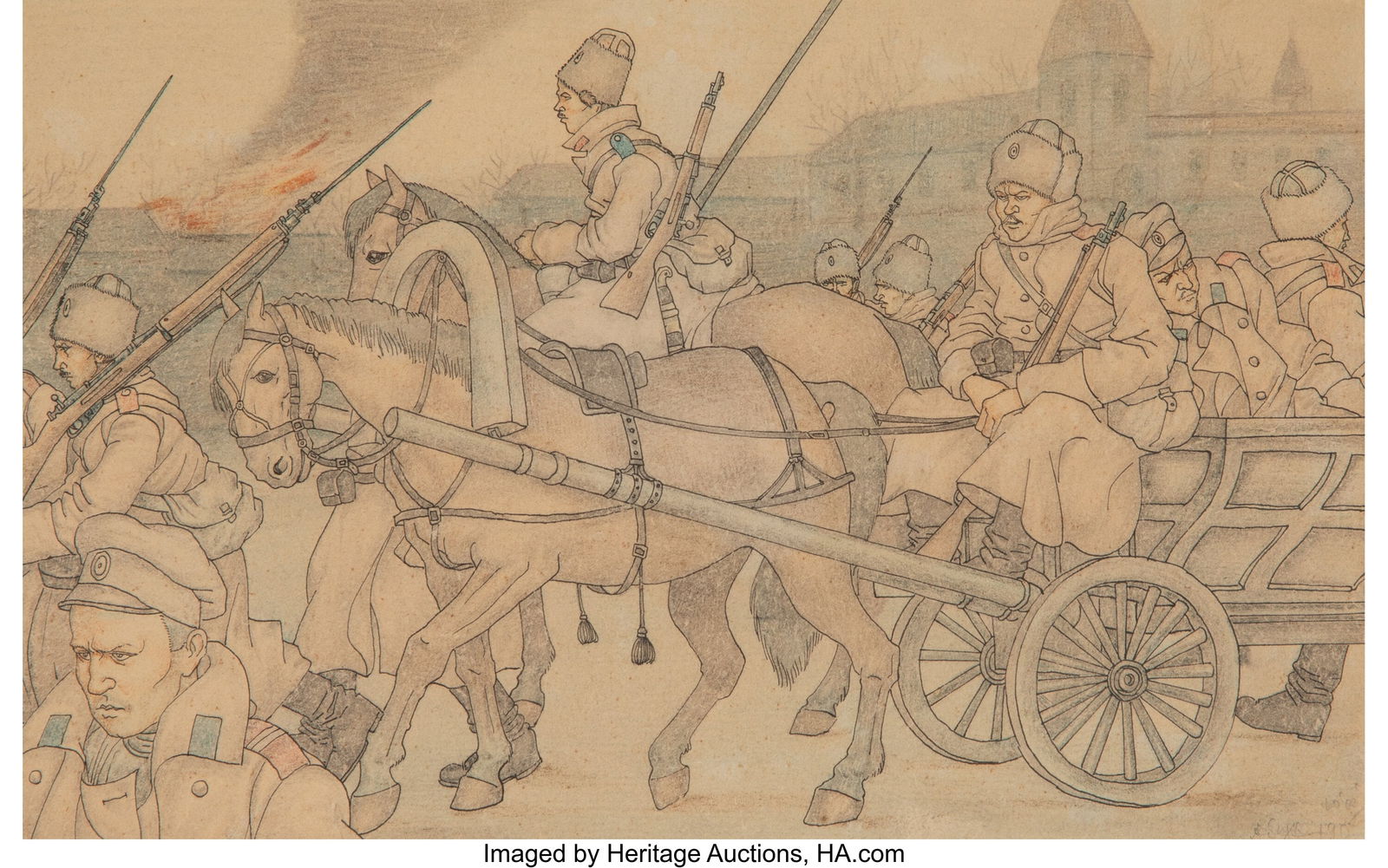 Arthur Szyk (Polish-American, 1894-1951) Russian: Arthur Szyk (Polish-American, 1894-1951) Russian Soldiers March Watercolor and ink on paper 5-1/4 x 8-1/4 inches (13.3 x 21.0 cm) (sight) Sign