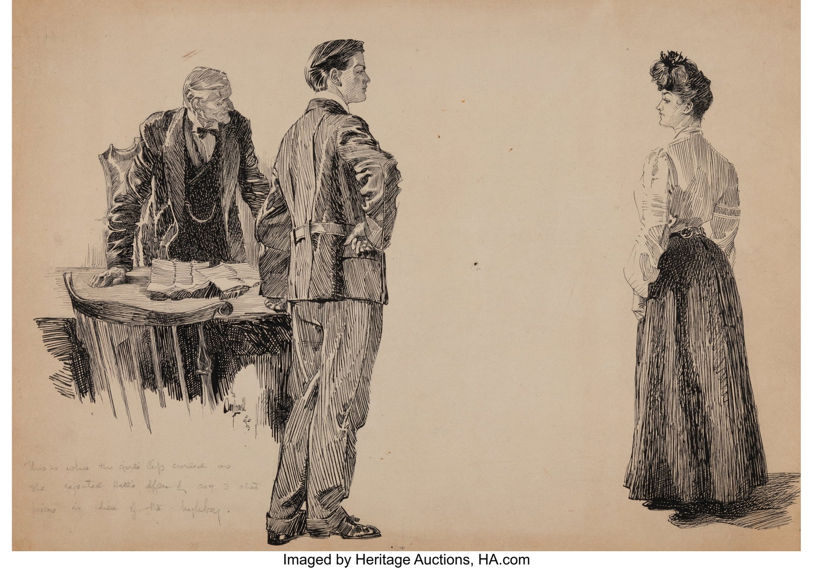 Orson Byron Lowell (American, 1871-1956) A Propo: Orson Byron Lowell (American, 1871-1956) A Proposal, magazine interior circa 1910 Ink on paper laid on board 14-1/2 x 20-1/2 inches (36.8 x 52.1 cm&rpa