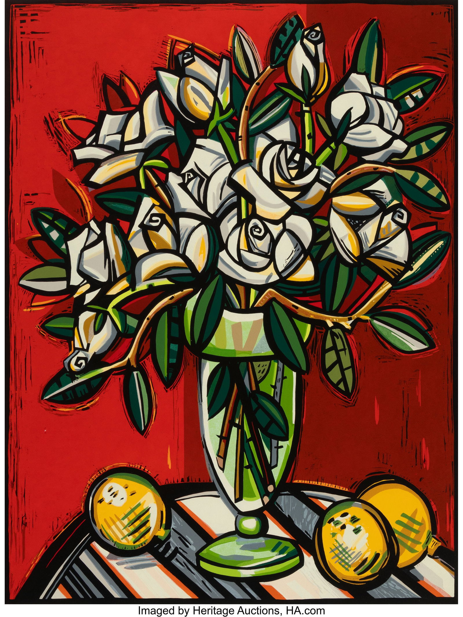 David Bates (American, b. 1952) White Roses, 200: David Bates (American, b. 1952) White Roses, 2007 Woodcut in colors on paper 40 x 30 inches (101.6 x 76.2 cm) (image) Ed. 16/6
