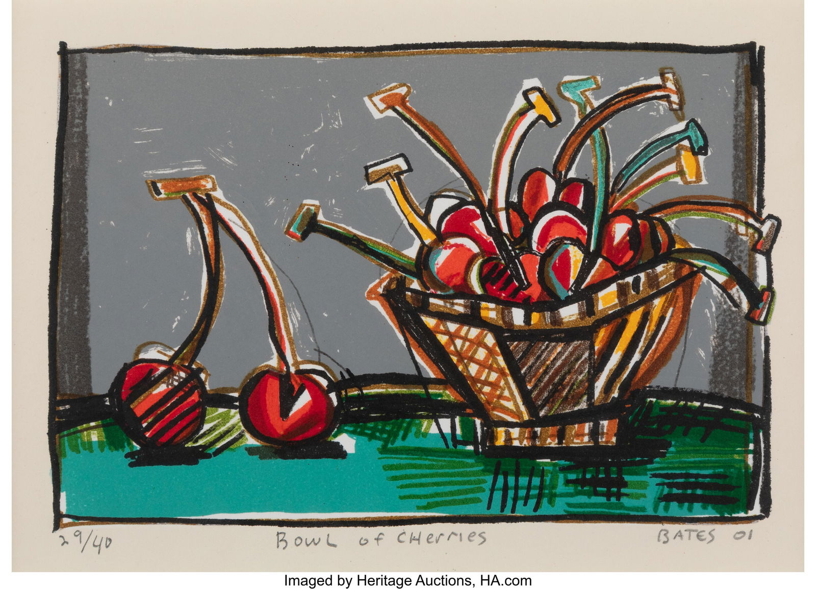 David Bates (American, b. 1952) Bowl of Cherries: David Bates (American, b. 1952) Bowl of Cherries, 2001 Lithograph in colors on paper 6-1/4 x 8-1/2 inches (15.9 x 21.6 cm) (sight&rpar