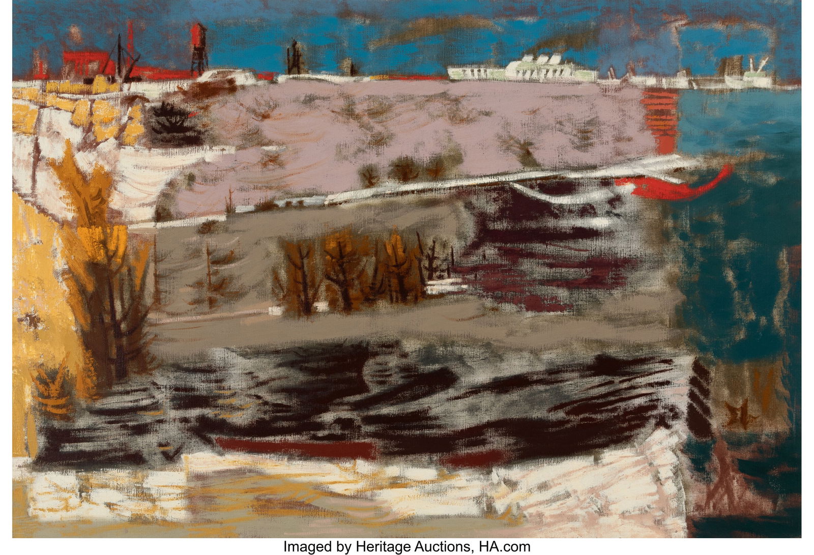 William Lewis Lester (American, 1910-1991) Ship: William Lewis Lester (American, 1910-1991) Ship Channel, 1959 Oil on canvas 30 x 44 inches (76.2 x 111.8 cm) Signed, dated, title, and i