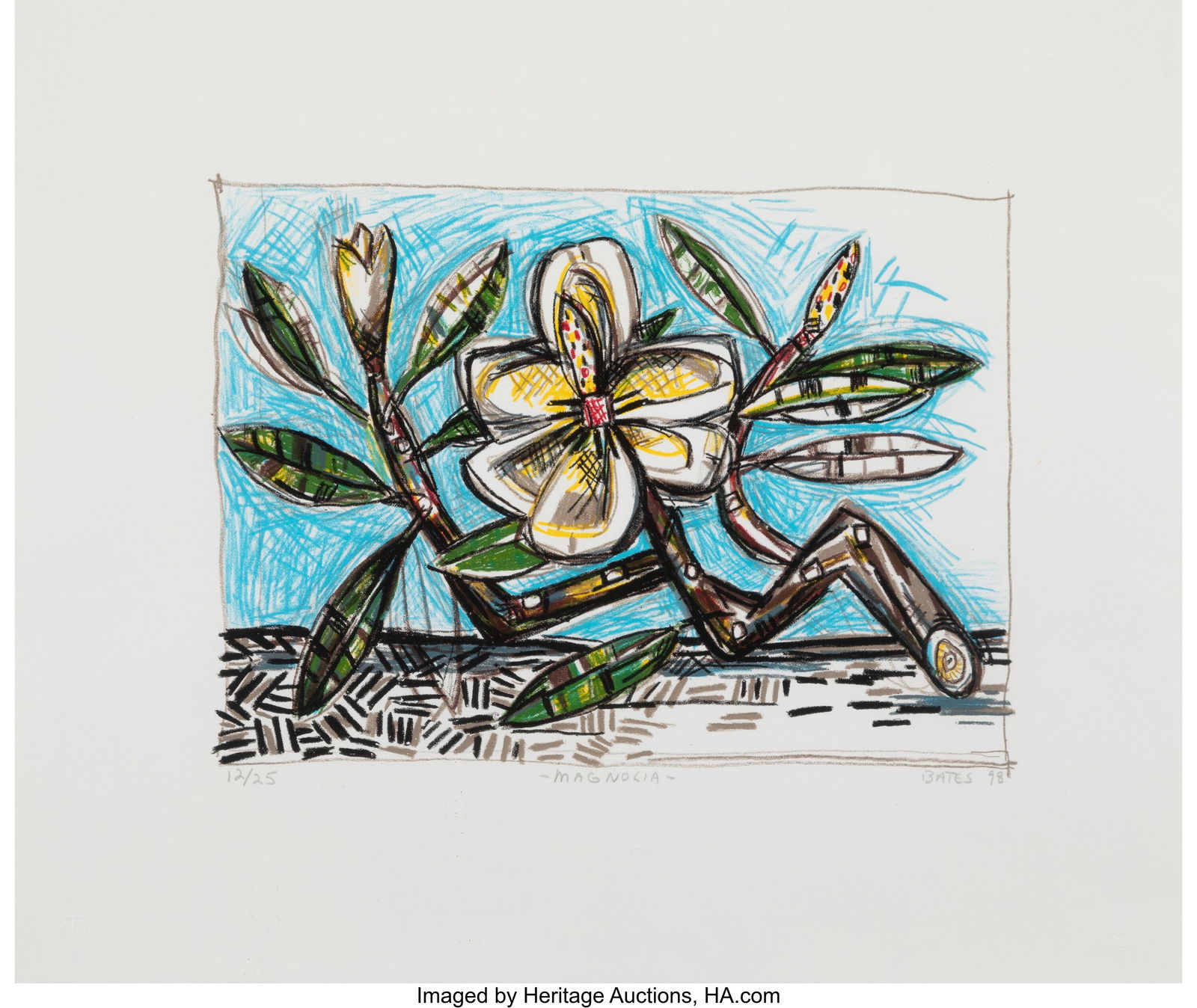 David Bates (American, b. 1952) Magnolia, 1998: David Bates (American, b. 1952) Magnolia, 1998 Lithograph in colors on paper 16 x 18-3/4 inches (40.6 x 47.6 cm) (sheet) Ed. 1