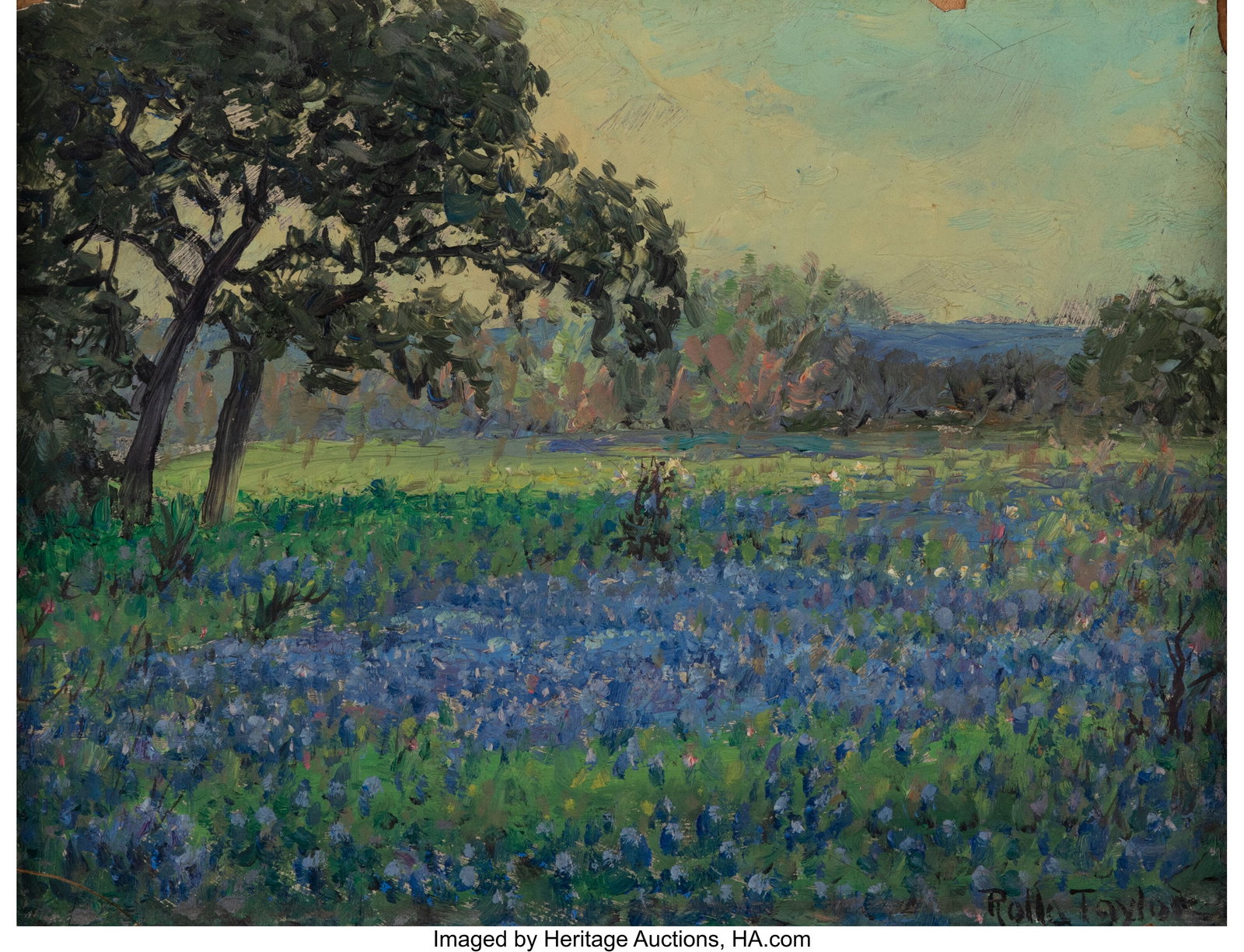 Rolla Sims Taylor (American, 1872-1970) Field of: Rolla Sims Taylor (American, 1872-1970) Field of Blue Oil on board 6-1/2 x 8-1/2 inches (16.5 x 21.6 cm) Signed lower right: Rolla Taylor PROVENAN