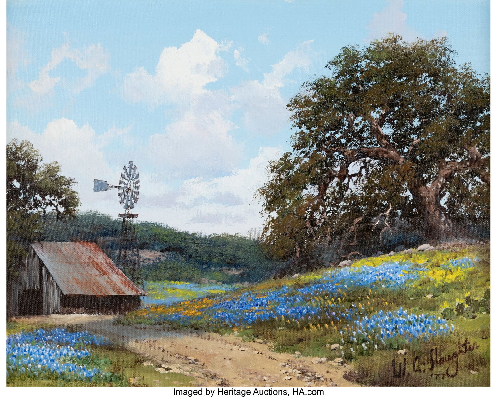 William A. Slaughter (American, 1923-2003) Blueb: William A. Slaughter (American, 1923-2003) Bluebonnets Along the Barn Path, 1977 Oil on canvas 11 x 14 inches (27.9 x 35.6 cm) Signed and dated low