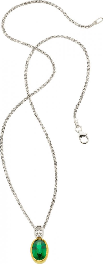 Tsavorite Garnet, Diamond, Platinum, Gold Pendan: Tsavorite Garnet, Diamond, Platinum, Gold Pendant-Necklace The pendant features an oval-sh