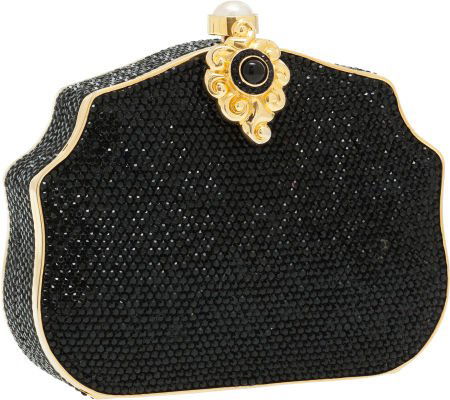 Judith Leiber Full Bead Black Minaudiere Evening: Judith Leiber Full Bead Black Minaudiere Evening Bag with Pearl Closure Excellent Condi