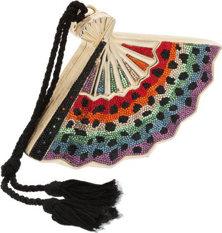 Judith Leiber Multicolor Full Bead Crystal Fan M: Judith Leiber Multicolor Full Bead Crystal Fan Minaudiere Evening Bag Excellent Conditi