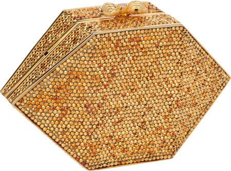Judith Leiber Full Bead Gold Crystal Hexagon Min: Judith Leiber Full Bead Gold Crystal Hexagon Minaudiere Evening Bag with Pink Cabochon Clasp